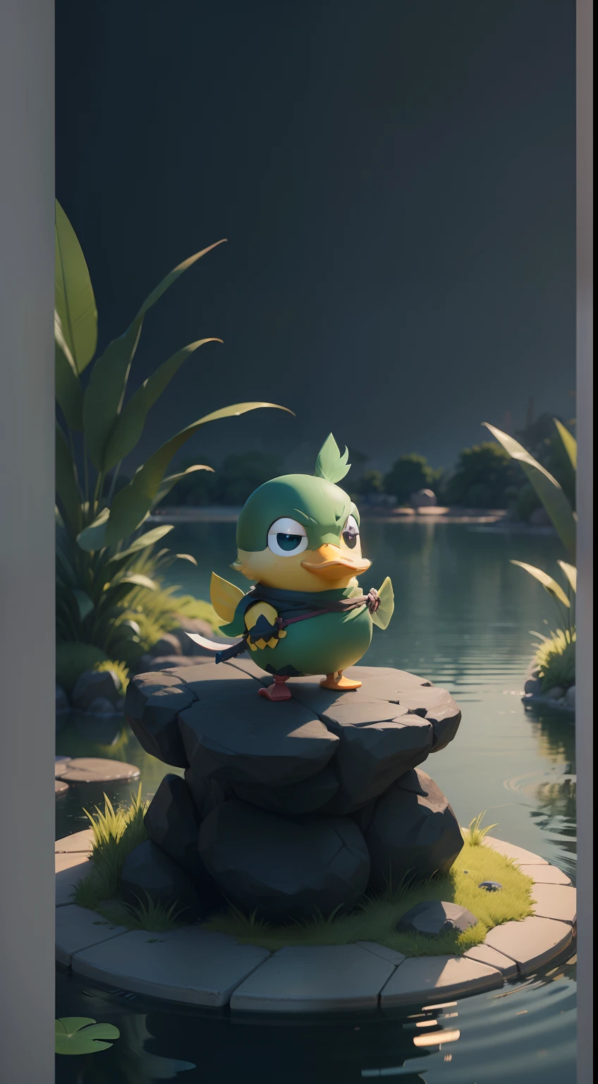 reate a vibrant dark fantasy cute ninja duck in a clean-lined minimalistic cartoon style, in the background a pond with greenery all around on a fabulous evening, octane render, 8k