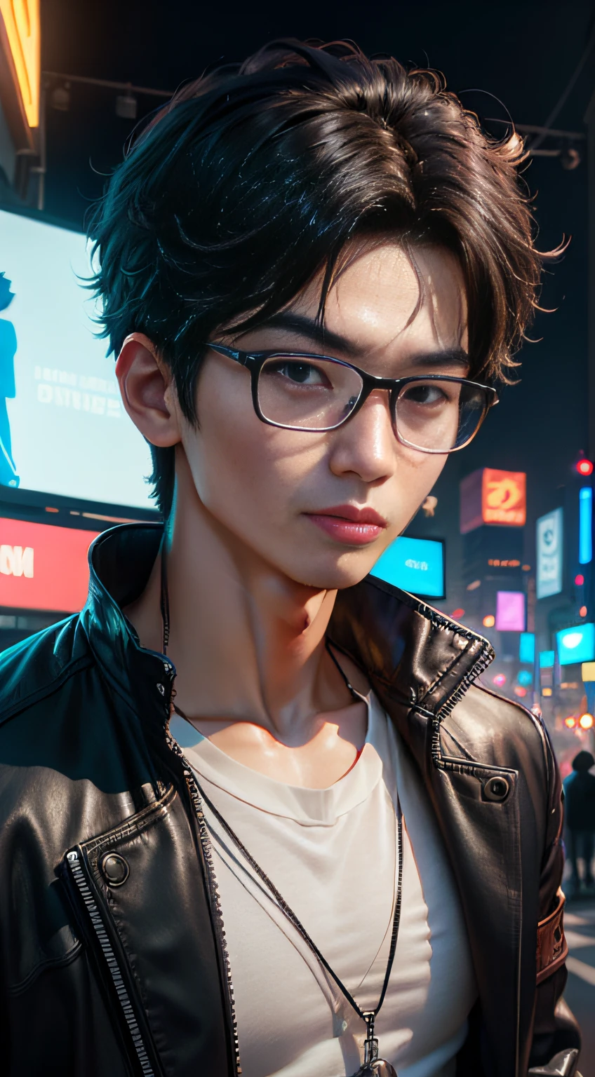 /envision prompt: A handsome aesthetic 18-year-old korean man wearing glasses and looking realistic. This concept is reimagined through the lens of digital illustration by Adam. The man stands against a backdrop of a vibrant cyberpunk cityscape, his glasses reflecting neon lights and holographic billboards. Close up view of his face. His expression is a mix of curiosity and determination, his youthful features capturing a moment of intellectual pursuit. The overall scene pulsates with energy, capturing the essence of modern urban life. --v 5 --stylize 1000