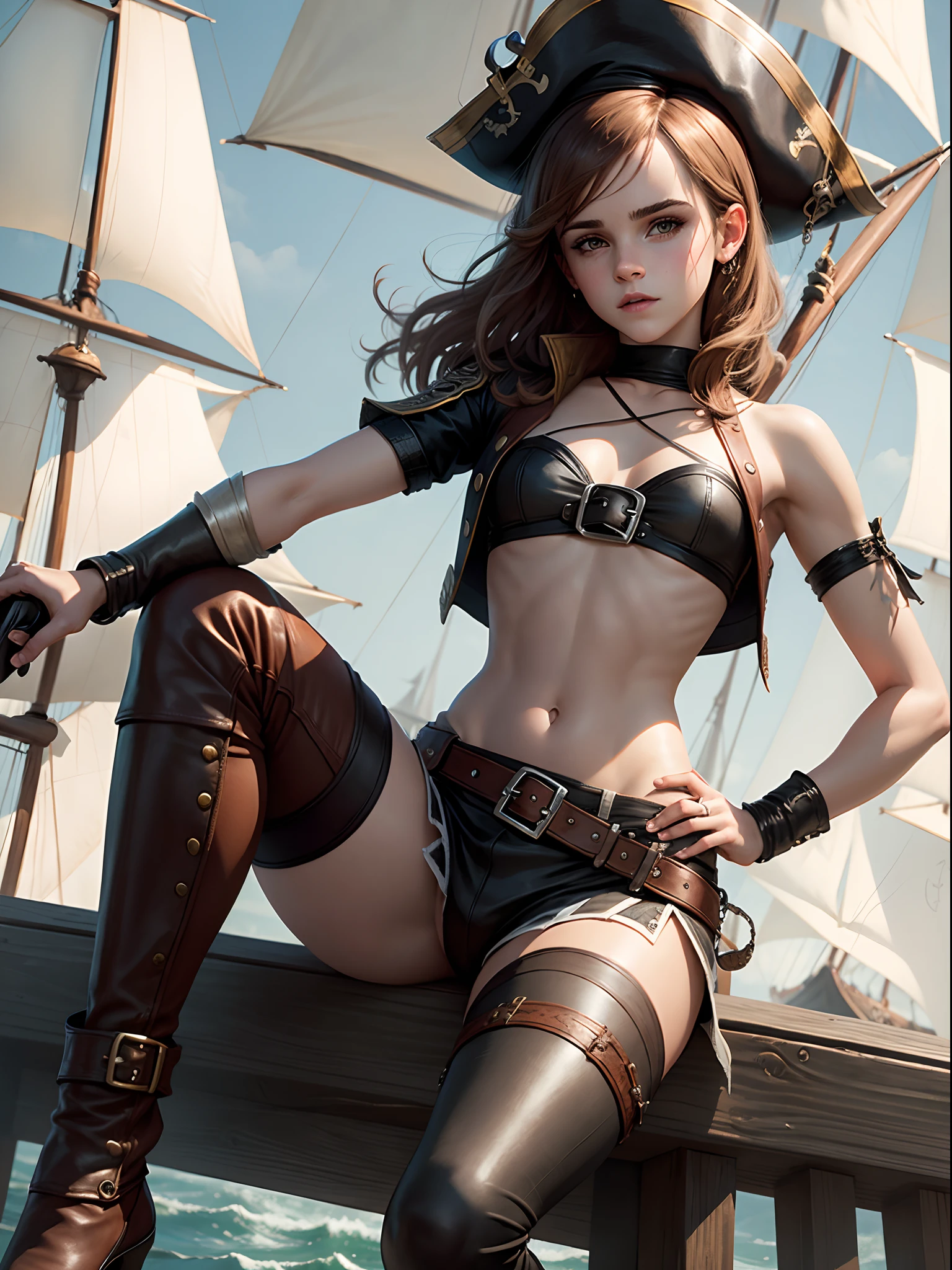  emma watson as a sexy pirate girl sitting on a fence. tight intricate leather pirate costume. crop top. slender body. background pirate ship.
