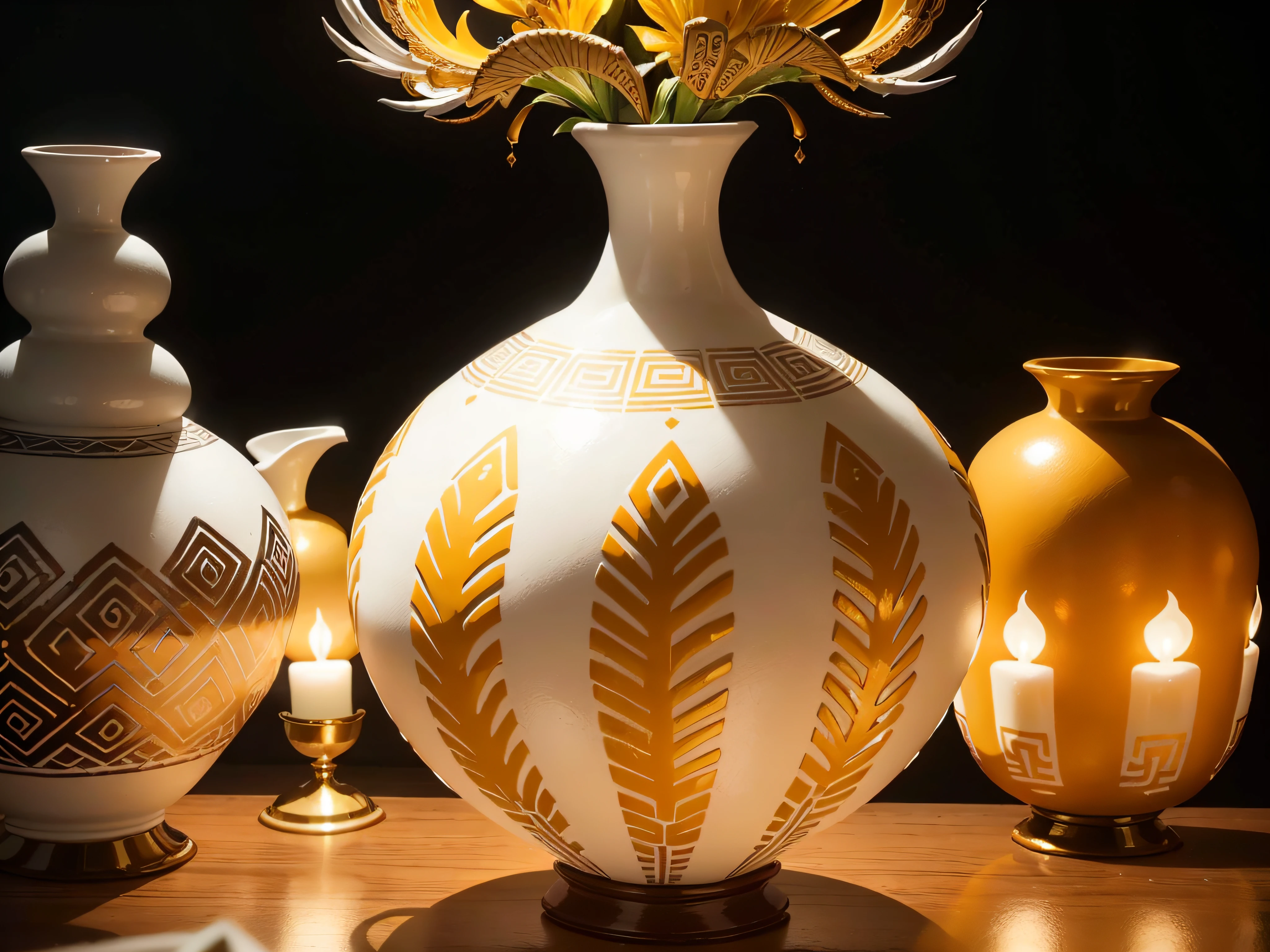Unique vase, aesthetic, elegante, porcelana fina, blanco con ((adornos aztecas dorados)),  con roras rojas y amarillas hermosas, sobre fondo oscuro, foco nítido, with minimalist low lighting.