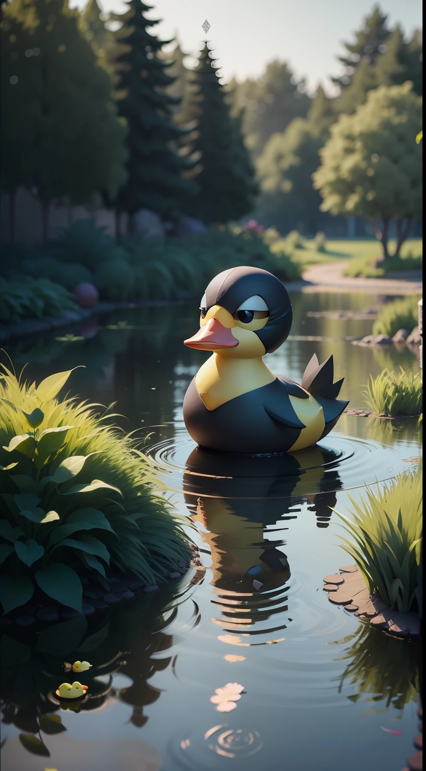 create a vibrant dark fantasy cute ninja duck in a clean-lined minimalistic cartoon style, in the background a pond with greenery all around on a fabulous evening, octane render, 8k