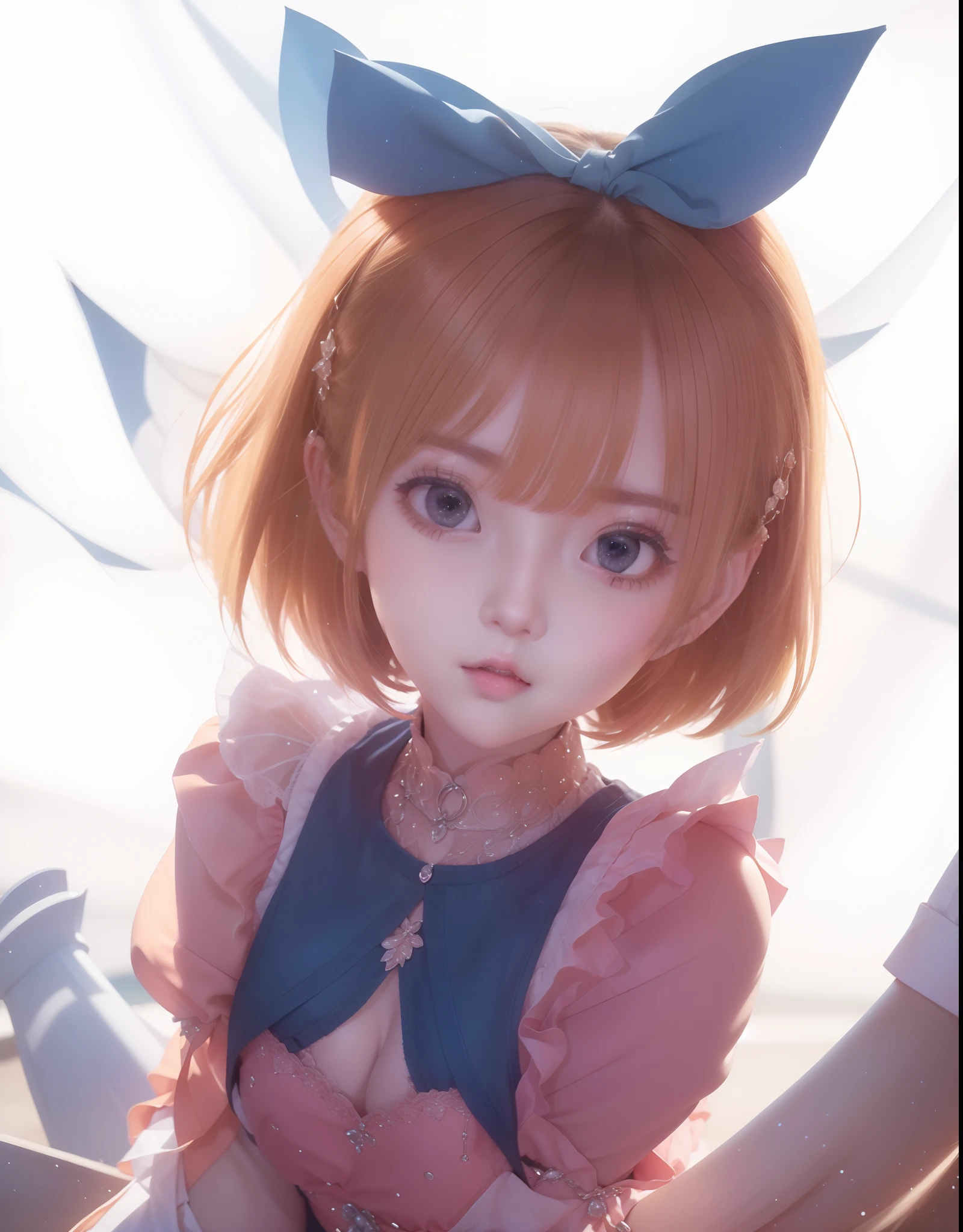 1 girl, short hair, orange hair, pink dress, ultra details, ultra high res, 8k,