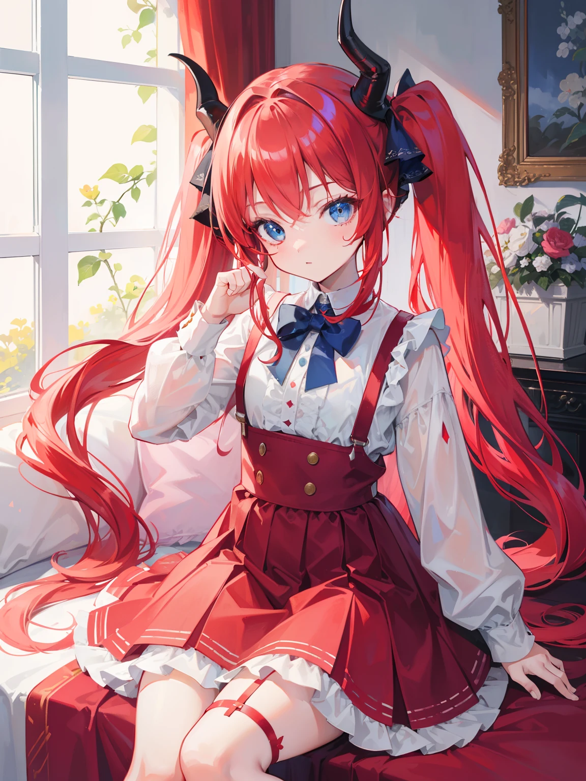 {{best quality}}, {{masterpiece}}, {{ultra-detailed}}, {illustration}, {detailed light}, red hair,blue eyes,twintails,ta,Suspenders skirt,Fantastic,lolio,Dragon horns,little gir