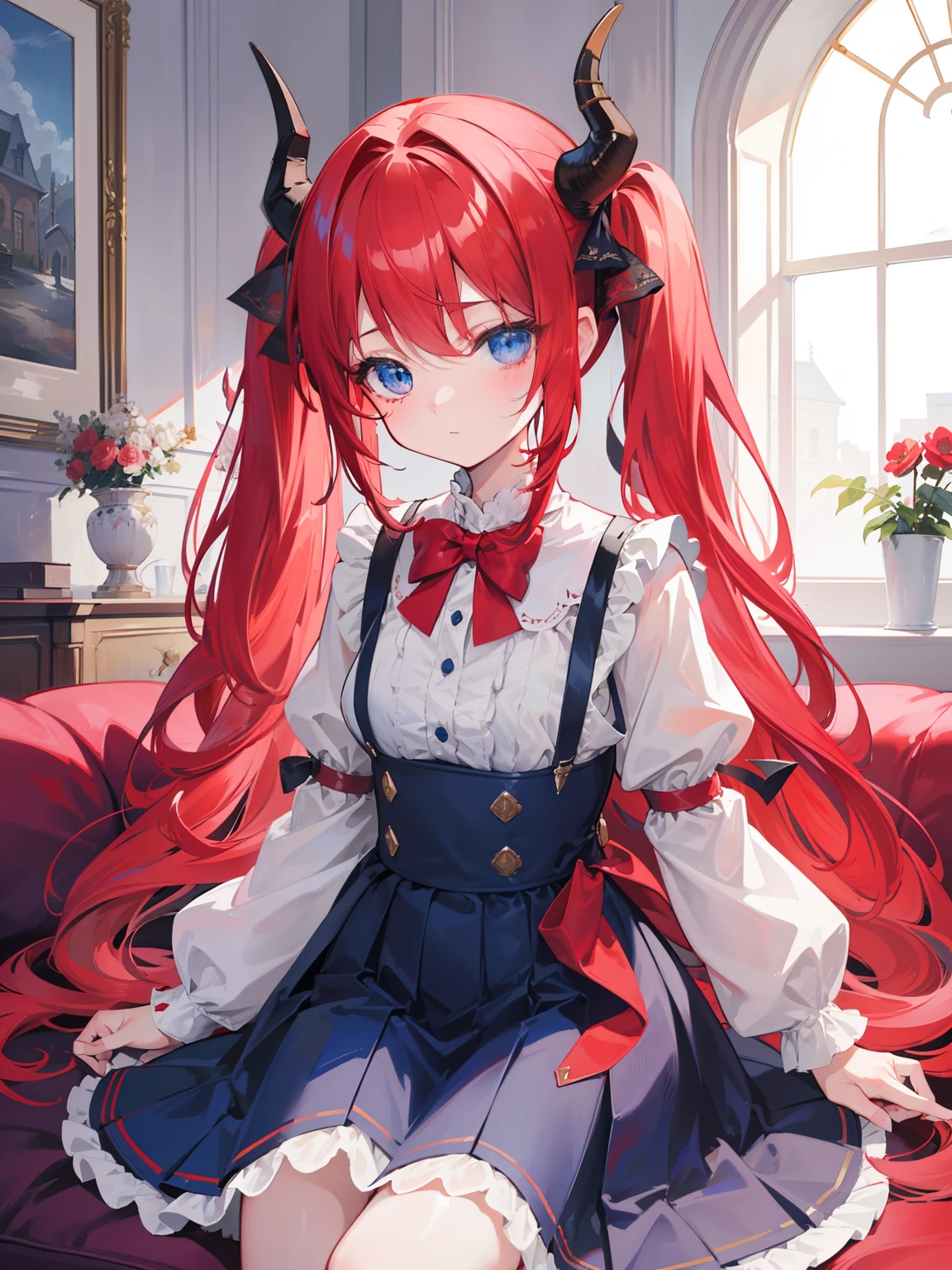 {{best quality}}, {{masterpiece}}, {{ultra-detailed}}, {illustration}, {detailed light}, red hair,blue eyes,twintails,ta,Suspenders skirt,Fantastic,lolio,Dragon horns,little gir