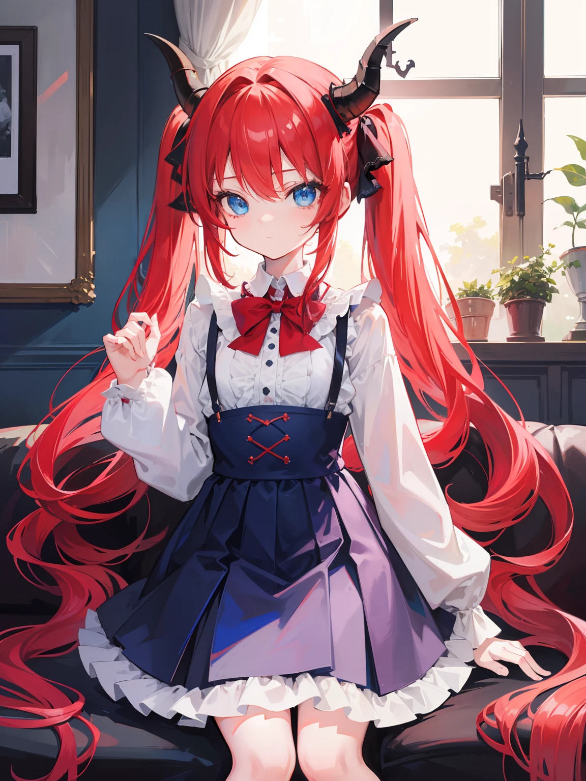 {{best quality}}, {{masterpiece}}, {{ultra-detailed}}, {illustration}, {detailed light}, red hair,blue eyes,twintails,ta,Suspenders skirt,Fantastic,lolio,Dragon horns,little gir