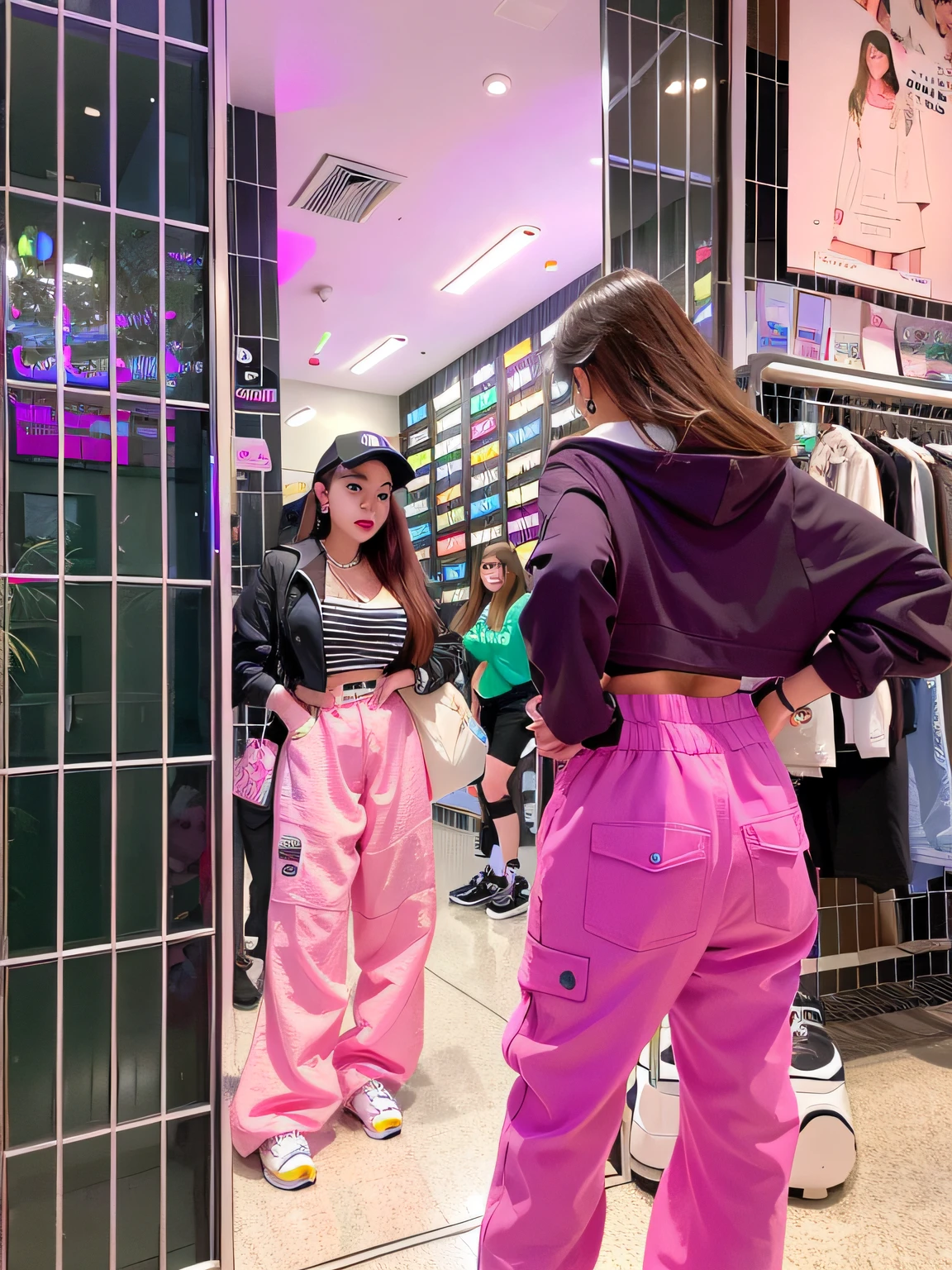 In a shop,there is a woman that is standing in front of a mirror, She is seen wearing streetwear pieces, vaporwave mall aesthetic, Pink clothes, Woman in streetwear, taken in 2022, h. Show on the. D, E-Girl, e - girl, wearing cyberpunk streetwear, gen z, taken in 2 0 2 0, fashwave, 2 0 2 0 fashion