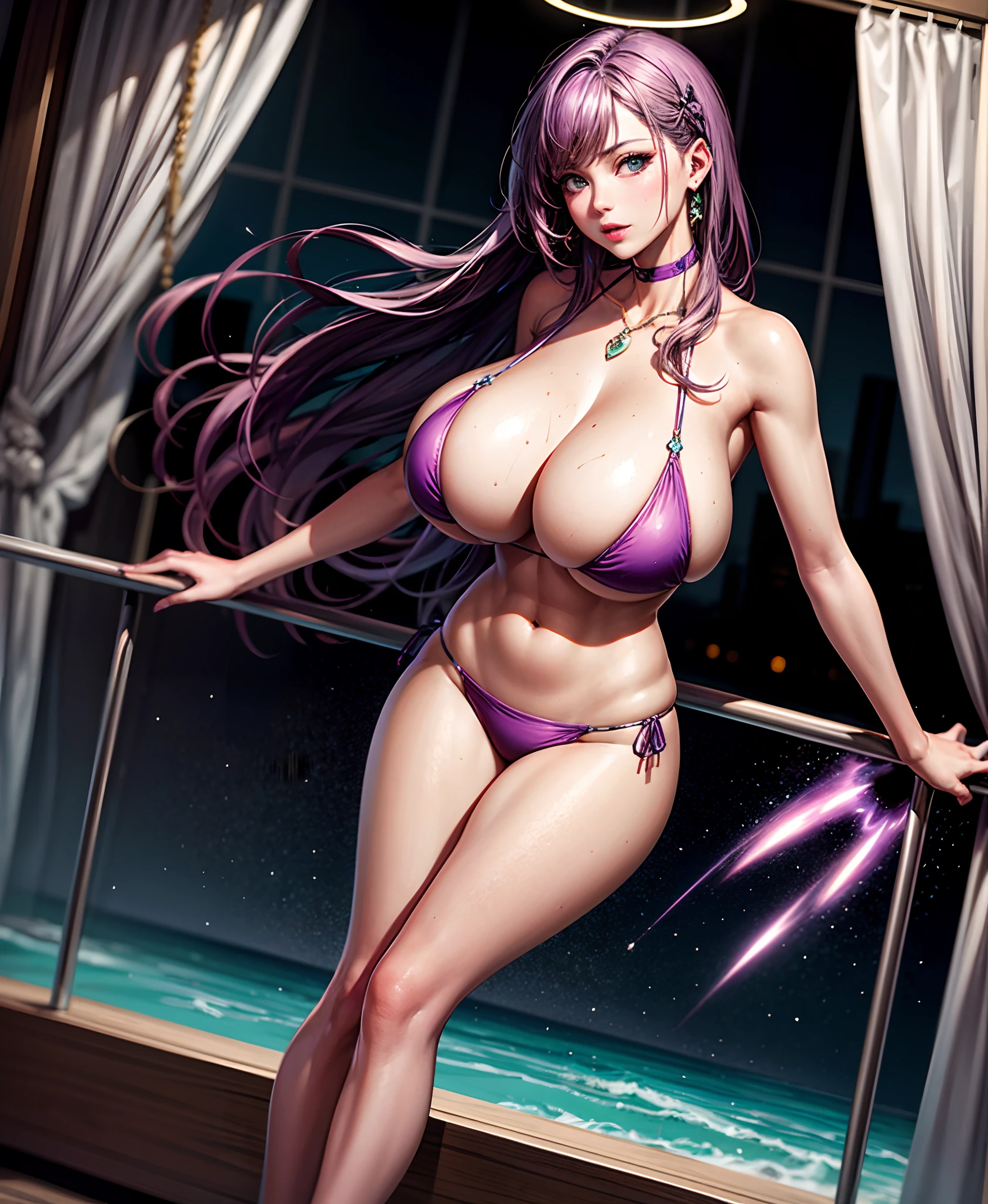 ((8K,tmasterpiece,realisticlying,The most beautifully illustrated),(((Bust photo)))(Hyper-detailing,Ultra-clear,naturey),((Purple wavy extra-long curls):1.3,choker necklace,ear jewelry,Pink and moist lips,),1 busty girl,the night,On a luxury cruise ship,Looking at the beautiful sea view,Extra long purple hair,Purple coiled hair,Hair is shiny,Halo galaxies,(light stre),striking visual effects,(dynamic streaks,Luminous trajectory:1.2),vivd colour,裸体的女孩,Tube top bikini,Elegant and beautiful hairpins,Wavy black hair,naked leg,Reasonable movements,gigantic cleavage breasts,Slender beautiful legs,Stretch meat,Fair and moisturized skin