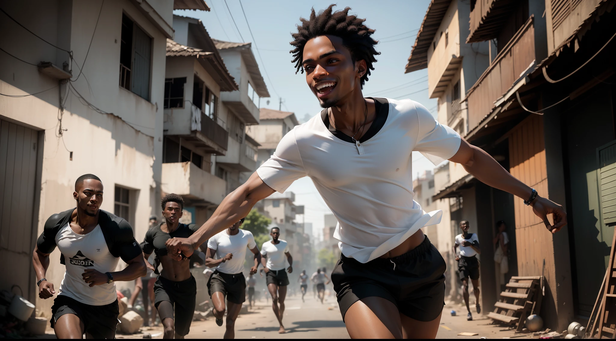 Ultra realistic 8k image of a thin, 25-year-old black man, black and very short hair, dressed in a simple white blouse and black shorts, crazy smile, running through a slum, bullets passing by his side