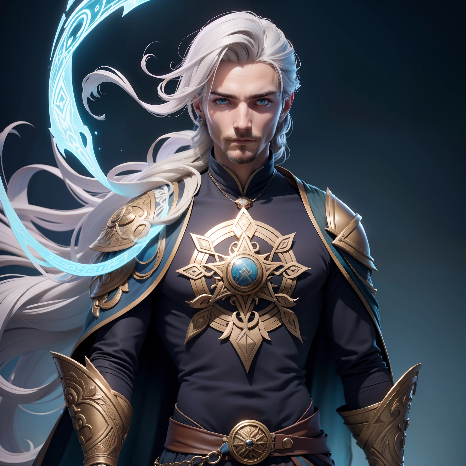 **Nome:** Eamon, o Alquimista do Vento

**allure:** Eamon is an enigmatic-looking and distinguished man. His figure is slim and elegant, with an upright posture that conveys confidence and serenity. Her silver hair falls in locks up to her shoulders, reflecting light in an ethereal manner. His eyes are an intense blue, radiating a sense of deep calm.

Ele veste um manto escuro de tecido leve, adorned with intricate details reminiscent of wind and cloud patterns. His dress is decorated with ancient runes and alchemical symbols, indicating its connection with wind magic. Eamon usa luvas de couro com bordados sutis, cada dedo terminando em um ponto afiado, indicativo de sua habilidade como alquimista.

A gentle breeze seems to follow you wherever you go, as if the wind itself recognized him as an equal. Sometimes, pequenas rajadas de vento acariciam sua pele, dancing around him as if responding to his commands.

Eamon carrega consigo uma bolsa de couro, which contains rare alchemical ingredients and potions that he creates himself. Em seu cinto, He brings small glass jars containing colored potions, each with a unique purpose and effect. His watchful eye and quiet expression reveal a man whose mind is always exploring the mysteries of the world.

Eamon's presence is like that of someone who knows ancient secrets and has an intimate connection to the invisible forces of nature. He is a man who embraces the wisdom of the ages and seeks balance through his alchemy and control over the wind.