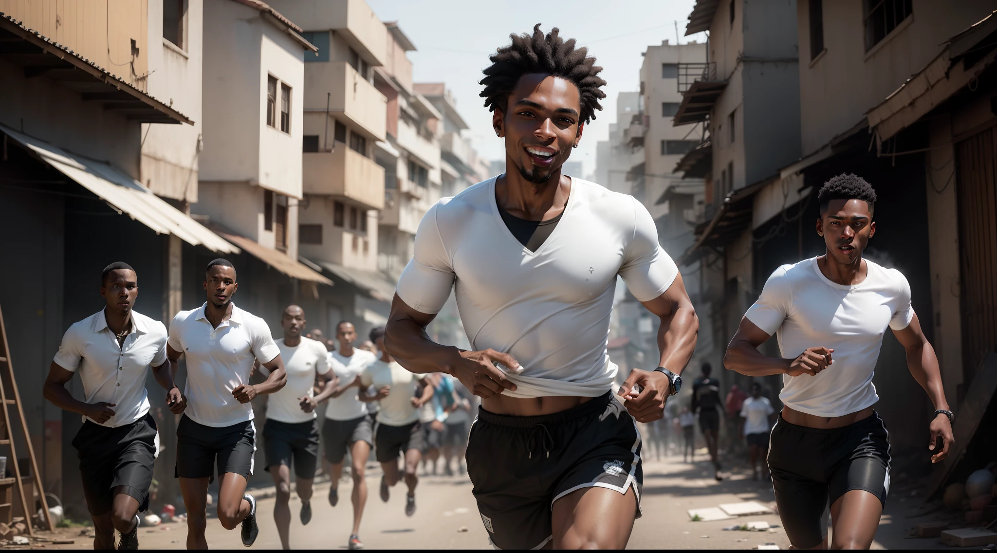 Ultra realistic 8k image of a thin, 25-year-old black man, black and very short hair, dressed in a simple white blouse and black shorts, crazy smile, running through a slum, bullets passing by his side