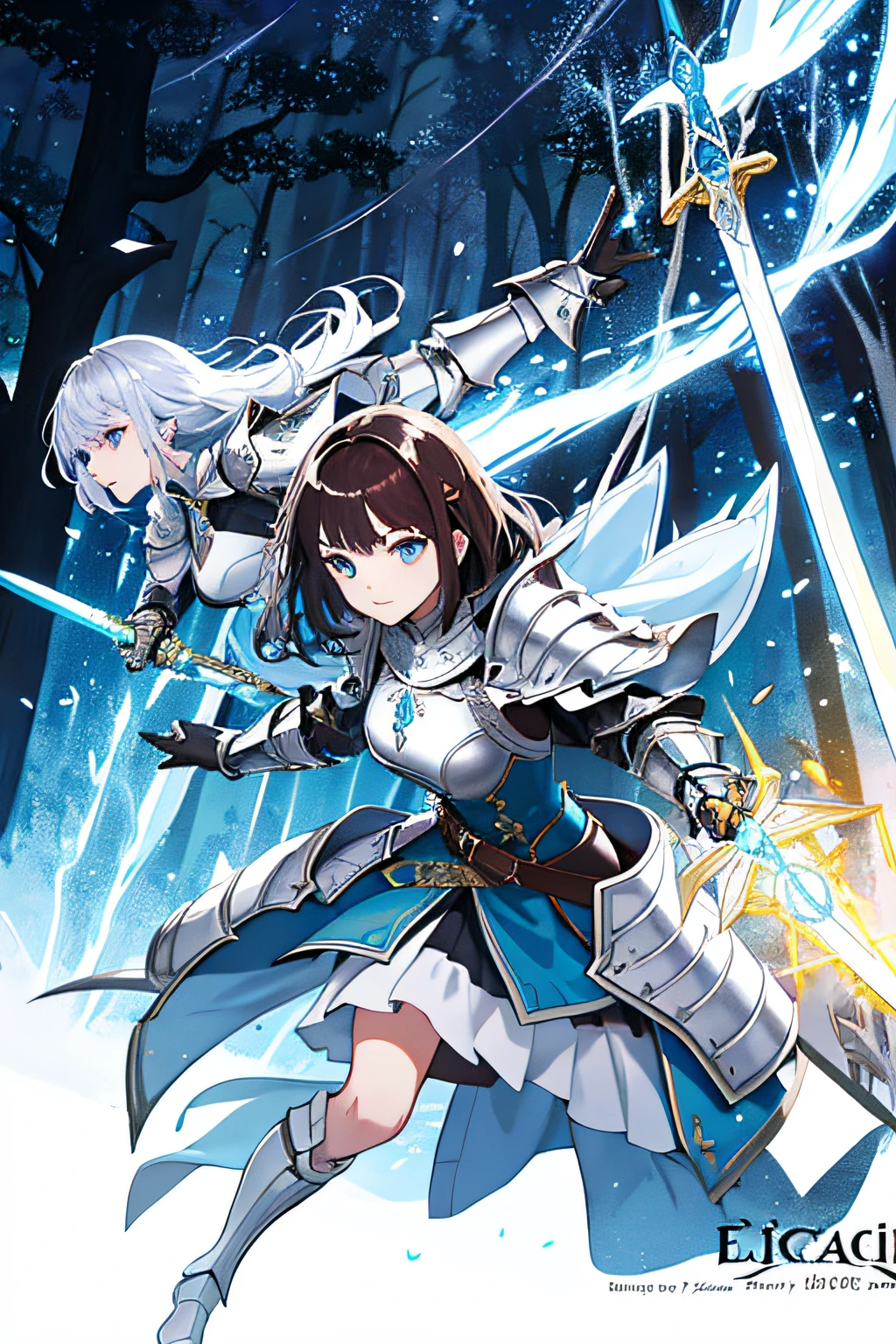 fanciful,epic,Illustration poster,The girl stands on the armor,sword-wielding,Dynamic magical background,Elaborate typography,Swing your sword with confidence,Epic title,Magical forest,illuminated runes,Firm expression,brunette color hair,long whitr hair,Royal blue pupils,Silver armor,Blue accents。