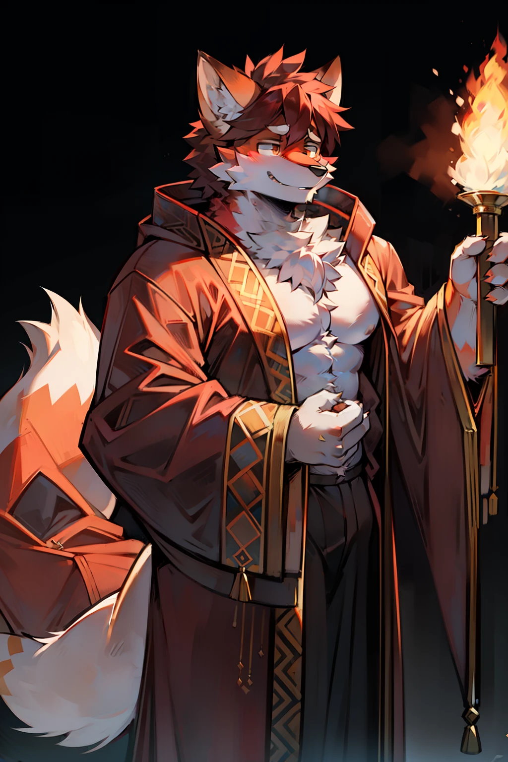 solo person,shaggy male,hairy chest,red fox,red fox,White fox,canid,Bullied,adolable,Handsome,large tail,full bodyesbian,stretched action,Robe,father