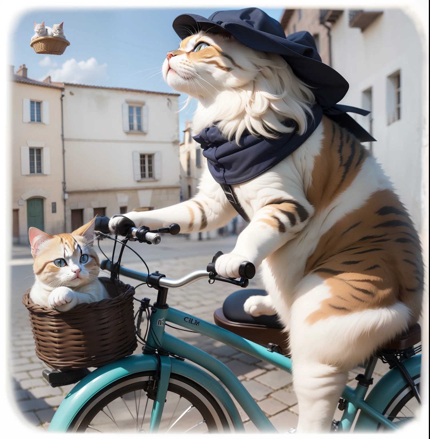 a ragdoll cat riding a bicycle like a human, using the two peddles, two cat feet, with small kittens in the basket, photo realistic 24k resolution hyper detailed perfect anatomy, outside a French old city background on a sunny day.