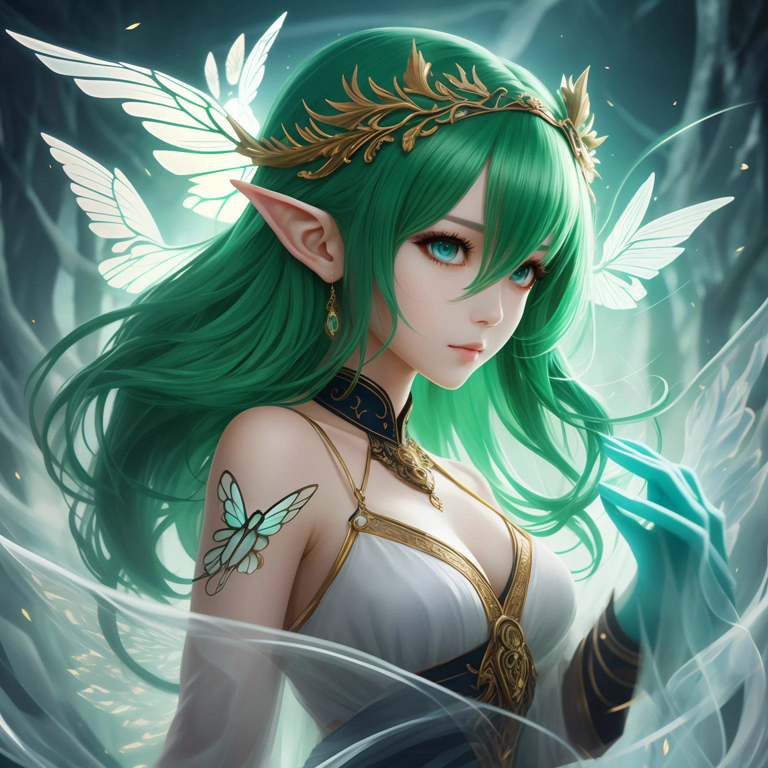 full body character portrait, Forest elves, (best qualtiy,8K,tmasterpiece:1.3),Green hair,Petite body,(美丽细致的眼睛), (Super detail), (Desktop Wallpapers), (Detailed face),shadowy, Cthulhu,, atmosphric perspective, zori,Anti – Aliasing: 5D, lightpainting, colours、 Beautiful face,perfect figure beautiful woman:1.4, Clear facial features, Symmetrical transparent wings, stunning detailed