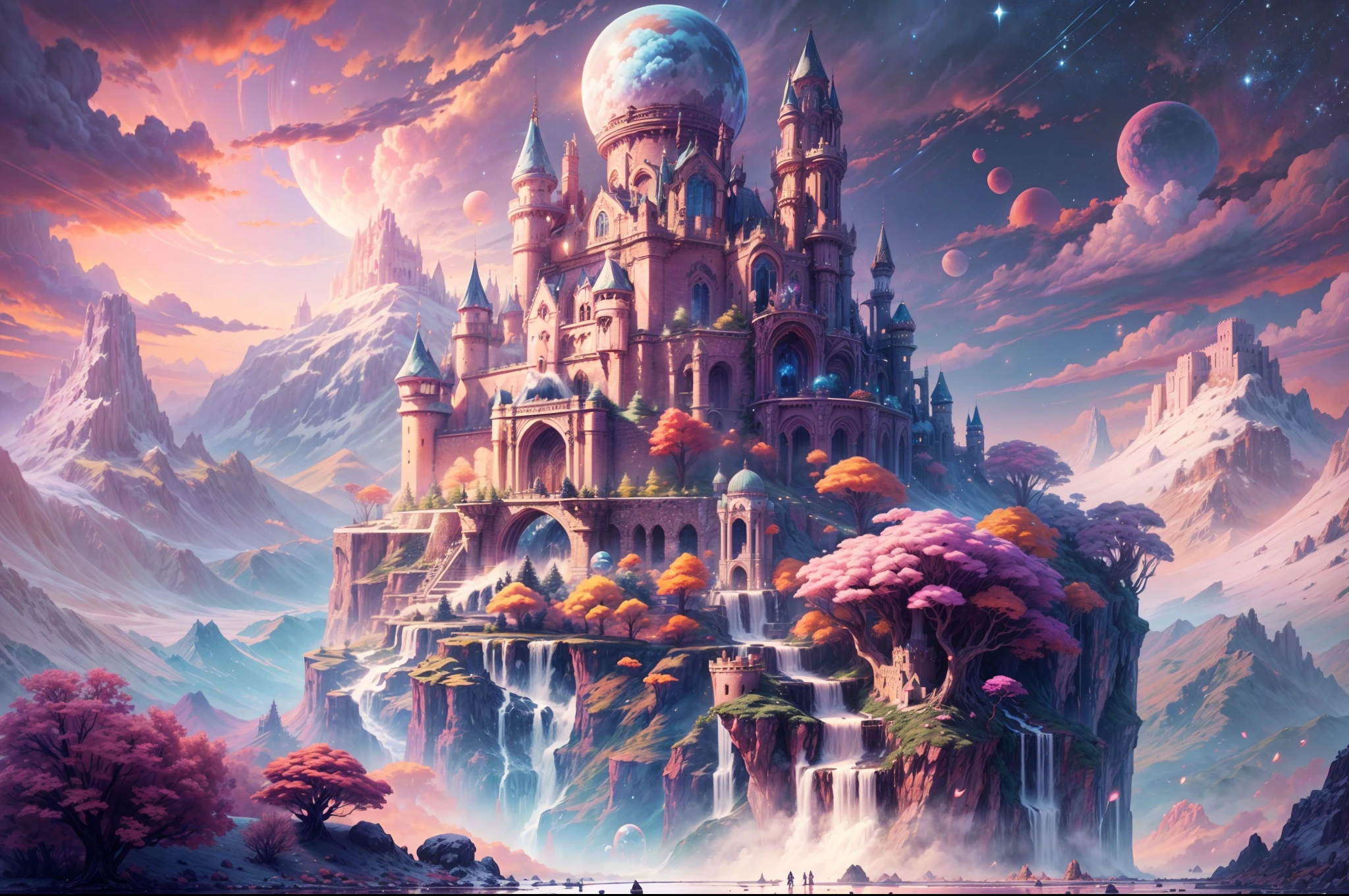 Generate a realistic fantasy landscape with beautiful, ornate romantic buildings, floating islands, crystalline waterfalls streaming from the floating islands, and a dreamy landscape of highly detailed flowers and dreamy watercolors. This is the (((romantic))) realm of the gods. (((The castles look like they are carved from shimmering marble, with distinct and complex details adding to their realism.))) Cotton candy clouds wisp into beautiful glittering stars across the colorful sky, with mesmerizing pink and purple celestial lights creating an enchanting atmosphere. Include many different levels and high visual interest. The environment is large and awe-inspiring, and this is a macro shot. The general ambience is peace, tranquility, and highly detailed sweetness. Include interesting fantasy elements with colors that complement the rest of the landscape. The sky should be very detailed. The landscape should very detailed. All buildings should be ornate with complex and intricate details. Include a luminous and magical atmosphere, magic bubbles, shimmering colors, many small fantasy details including iridescence, expertly created majestic landscapes, and shimmer and glimmer. Include lots of vibrant colors and vaguely surreal details. Camera: Utilize dynamic composition to create interest and excitement. CGI, unreal engine, unity engine, (((masterpiece))), high resolution, 8k, best quality, high quality, highres, 16, RAW, ultra highres, ultra details, finely detail, an extremely delicate and beautiful, extremely detailed, real shadow, anime, highly detailed painted, award-winning glamour painting, wonderful painting, art style, stylized