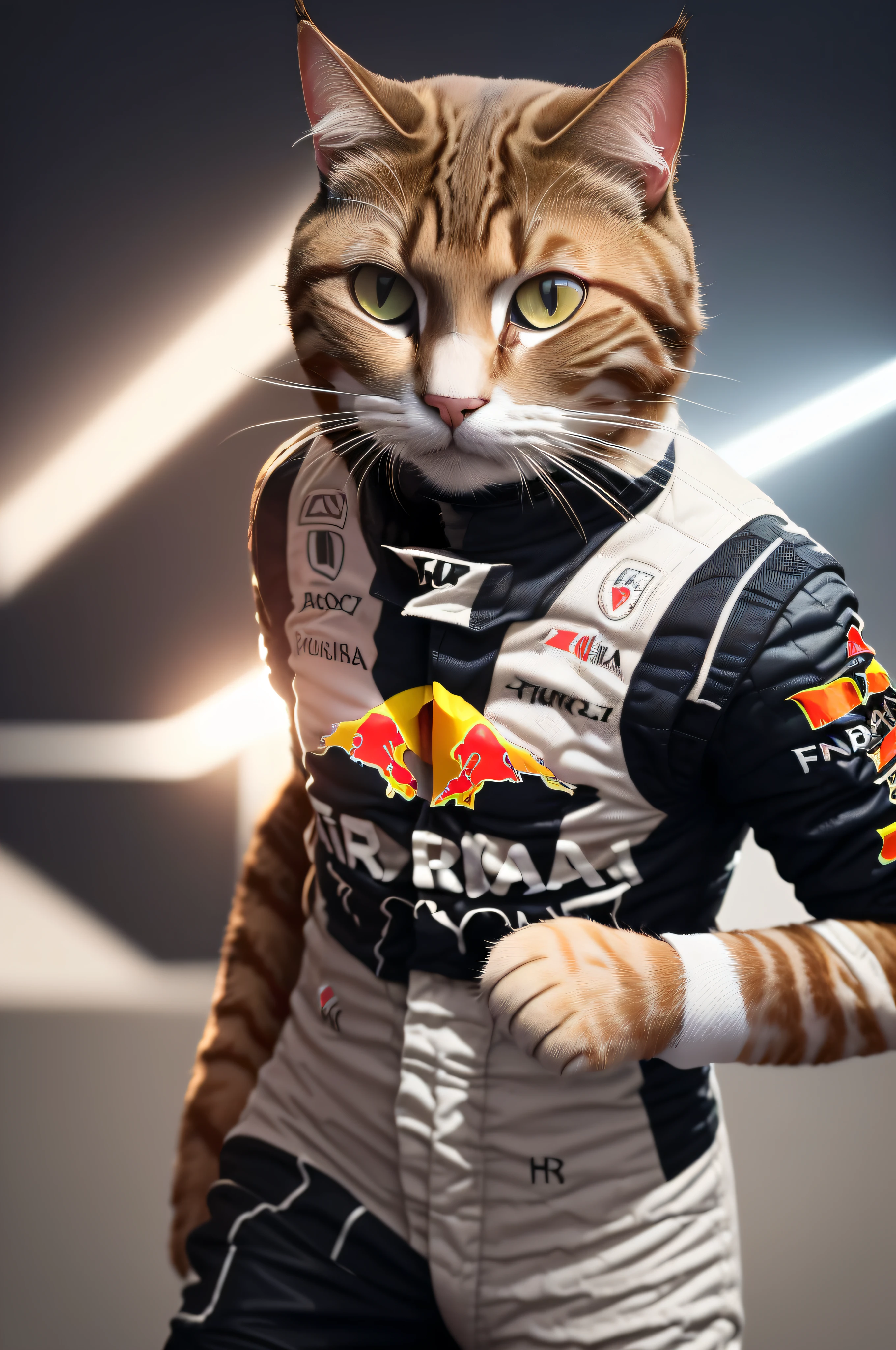 8k, super alta resolucion, obra maestra, (((un gato))), gato humanizado, ((((gato en traje corredor de formula 1)))), pista rally, asfalto, Flash cameras, rostro definido, epic, cuerpo definido, traje detallado, enfocado, luz brillante