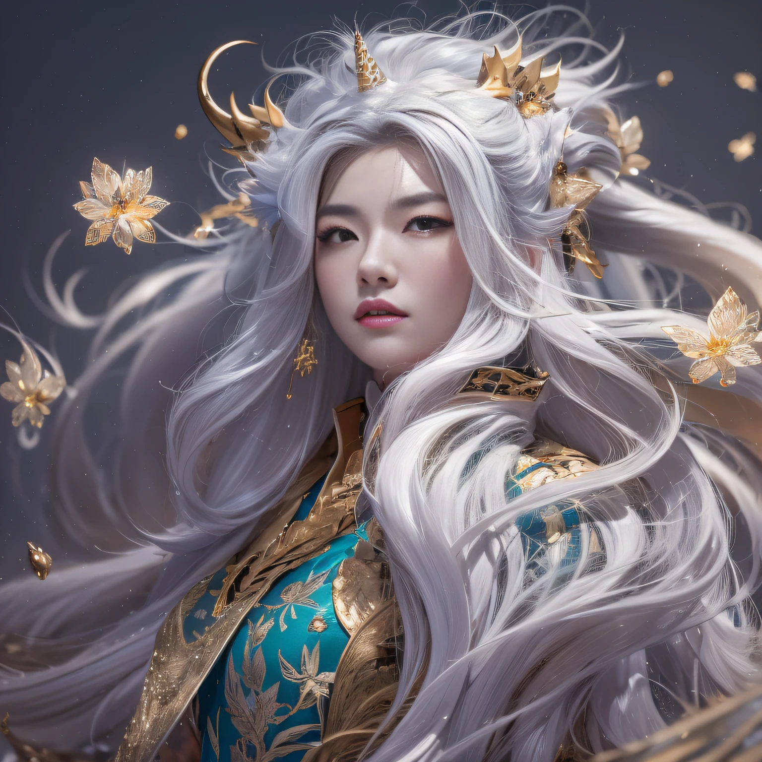 32K（tmasterpiece，k hd，hyper HD，16k）Flowing short hair，Backroom pond，zydink， a color，  Asian people （Caima Unicorn）， （Silk scarf）， Combat posture， looking at viewert， long whitr hair， Floating hair， Hanfu， Chinese clothes， longer sleeves， （abstract ink splash：1.2）， white backgrounid，Kirin Beast Protector （realisticlying：1.4），Snowflake lion's head，Snowflakes fluttering，The background is pure， A high resolution， the detail， RAW photogr， Sharp Re， Nikon D850 Film Stock Photo by Jefferies Lee 4 Kodak Portra 400 Camera F1.6 shots, Rich colors, ultra-realistic vivid textures, Dramatic lighting, Unreal Engine Art Station Trend, cinestir 800，