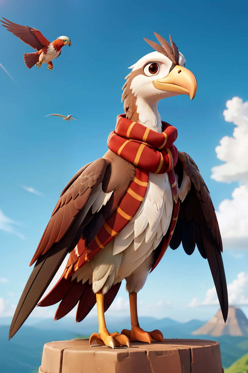 a tall bird called a kite, with sharp features and angular wings, is the picture of grace in the air (when he's not crashing). He has reddish-brown feathers and piercing green eyes. sports a scarf that flutters dramatically as he flies, adding to his flamboyant nature. He always looks like he's just had a brilliant idea, and his wild, unpredictable nature shines through his eyes.