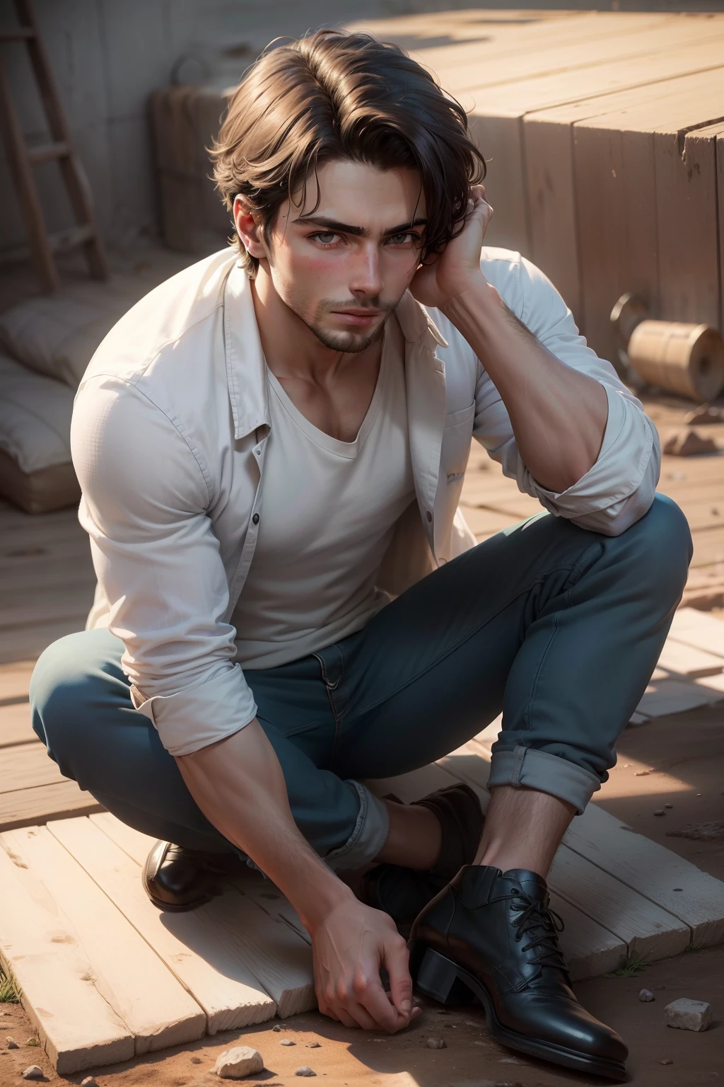 Poor, handsome, young man sitting on the floor of a square muddy background (obra-prima) (8k high resolution) (melhor qualidade) (Ultra Definition) (Ultra realista)(Foto RAW) (Foto realista) (bright illumination)