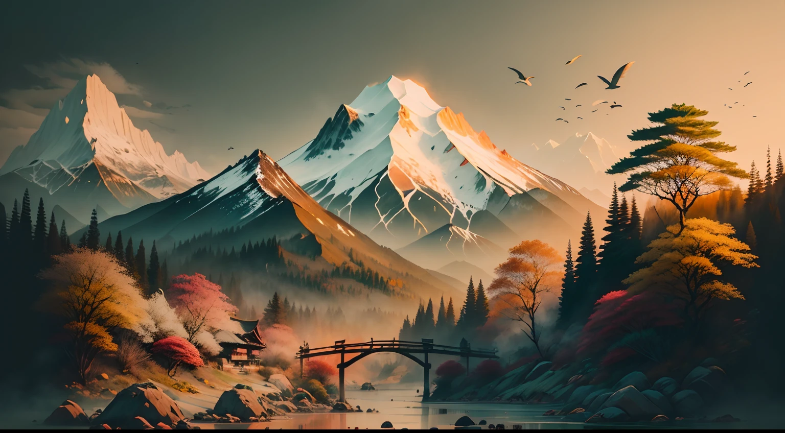 Autumn under Chinese ink brushes，Sunnyday，baiyun，mountain peaks，rios，the trees，small bridges，grassy fields，Open view，Landscape features，high-definition picture quality，8K，in a panoramic view，Layering of pictures，The overall picture is clearly layered
