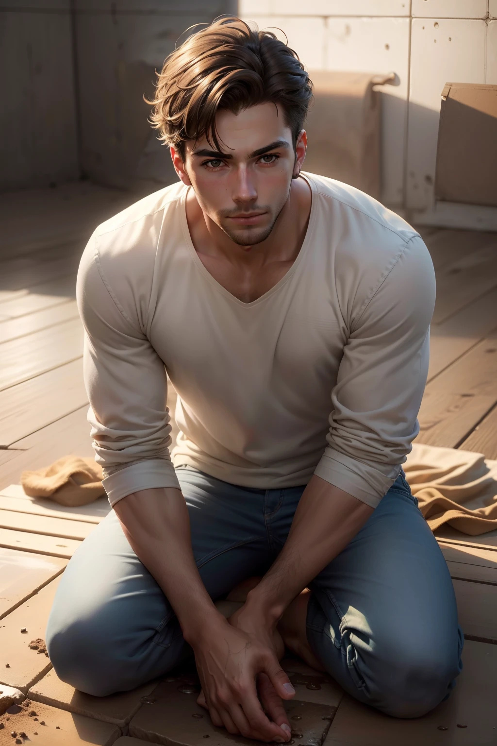 Poor, handsome, young man sitting on the floor of a square muddy background (obra-prima) (8k high resolution) (melhor qualidade) (Ultra Definition) (Ultra realista)(Foto RAW) (Foto realista) (bright illumination)