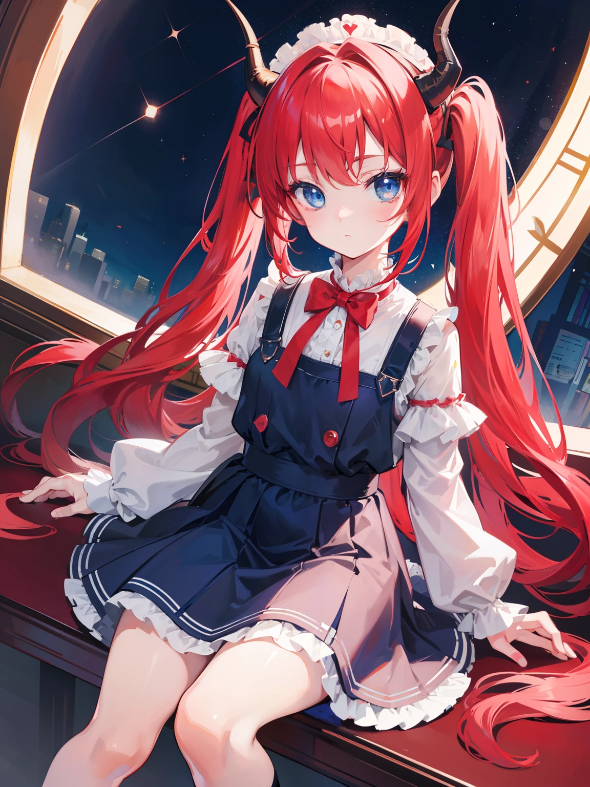 {{best quality}}, {{masterpiece}}, {{ultra-detailed}}, {illustration}, {detailed light}, red hair,blue eyes,twintails,lolita,Suspenders skirt,Fantastic,loli,solo,Dragon horns, girl,long hair
