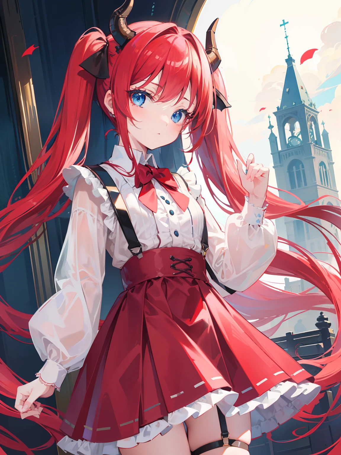 {{best quality}}, {{masterpiece}}, {{ultra-detailed}}, {illustration}, {detailed light}, red hair,blue eyes,twintails,lolita,Suspenders skirt,Fantastic,loli,solo,Dragon horns,little girl,long hair