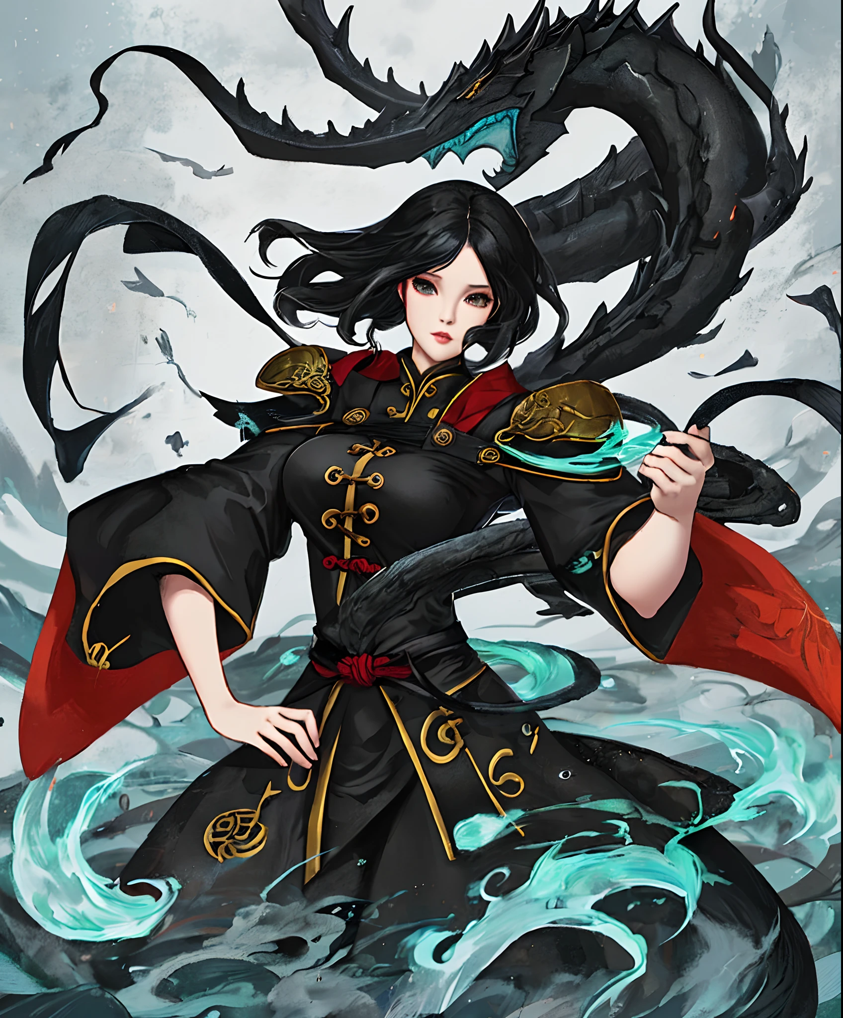 Solo teacher of yin and yang girl,Asian girl,Black longhair,black longhairstyle,summon black doragon,High Quality,fantasy art,Summon,black doragon