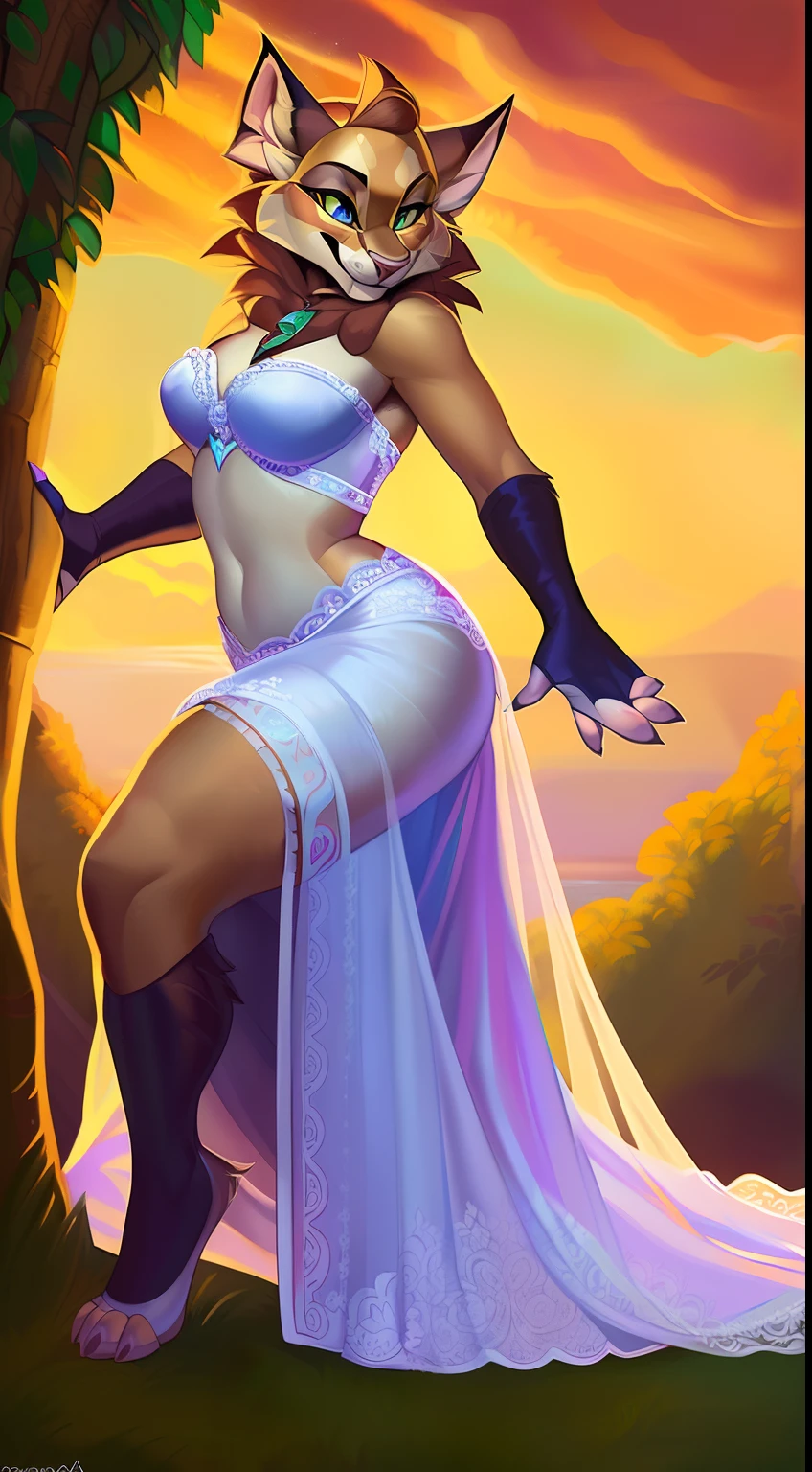 subido el e621, por Pixelsketcher, por Bayard Wu, por Thomas Benjamin Kennington , por Einshelm, (realista:1.2), Jade el lince, Linx, hembra, Anthro peludo, Orejas de gato, nariz rosada, (Detailed clear aquatic eyes:1.3),  colmillos, beige brown hair, (Flecos largos:1.5), Cola de caballo, Cuerpo bronceado claro, Cara intrincadamente detallada, tuft of skin from the neck, (tomboy), (Correa de cuchillo para muslos:1.4), (Chibi:0.8), vida real, ((retrato)), De pie seductoramente, dynamic  pose, (Cola corta de lince:1.4), (detailed lighting by Bonifasko), (pelaje esponjoso), (Piel detallada), (Piel detallada), dedo del pie de camello, (sonrisa afectada:1.1), cinematic lighting, ((Antecedentes detallados del bosque, cascada, Colinas, tree)), oasis, Hermoso lago, Vista gran angular, (sombra de medio cuerpo:1.3), [Contre-Jour], [[rayo crepuscular]], bare belly, belly discovered, navel, semi covered ass, [luz ambiental detallada], [gray natural lighting], [luz ambiental en el vientre], (Mayor detalle salvaje de la vida silvestre), Al aire libre, vista al mar y playa, [proporciones realistas], [foco nítido], (sombreado), ((obra maestra)), (((((wearing a sexy cropped white wedding dress with laced floral print, very sexy cropped white wedding dress, sexy white cropped wedding dress, white wedding dress))))), Rear view, Looking back at the viewer