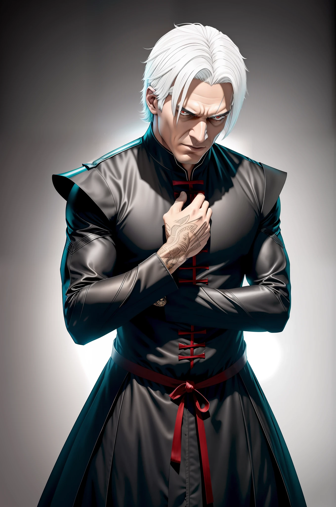 MilosZenam, senhor vampiro 1 Homem, Vergil, white hair combed back, Katana in right hand, serious look more amused, sorriso arrogante, view from below, wallpaper 46 anos, um vampiro idoso, monstro com o rosto detalhado, boca com dentes de vampiro, arte conceitual, image perception, cena aterrorizante, Macabre scenery, pele detalhada, Pintura famosa, Pintura premiada, Standing angrily, rosto perfeito, Estilo anime, Foto realista, filme premiado, capa realista, magical powers, Update 1.5, Rendered Graphic, imagem famosa, plano de fundo floresta a noite a luz da lua,