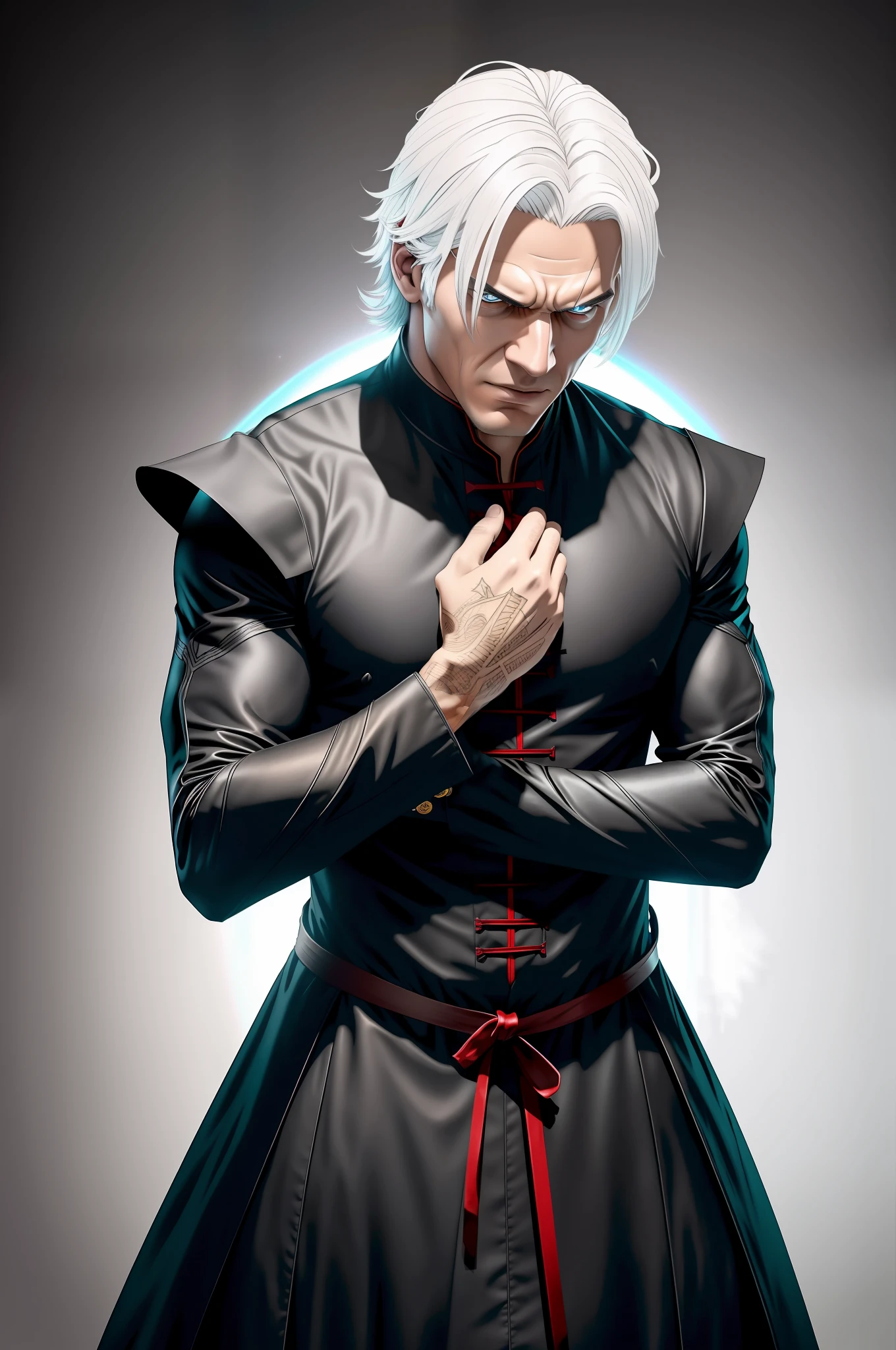 MilosZenam, senhor vampiro 1 Homem, Vergil, white hair combed back, Katana in right hand, serious look more amused, sorriso arrogante, view from below, wallpaper 46 anos, um vampiro idoso, monstro com o rosto detalhado, boca com dentes de vampiro, arte conceitual, image perception, cena aterrorizante, Macabre scenery, pele detalhada, Pintura famosa, Pintura premiada, Standing angrily, rosto perfeito, Estilo anime, Foto realista, filme premiado, capa realista, magical powers, Update 1.5, Rendered Graphic, imagem famosa, plano de fundo floresta a noite a luz da lua,