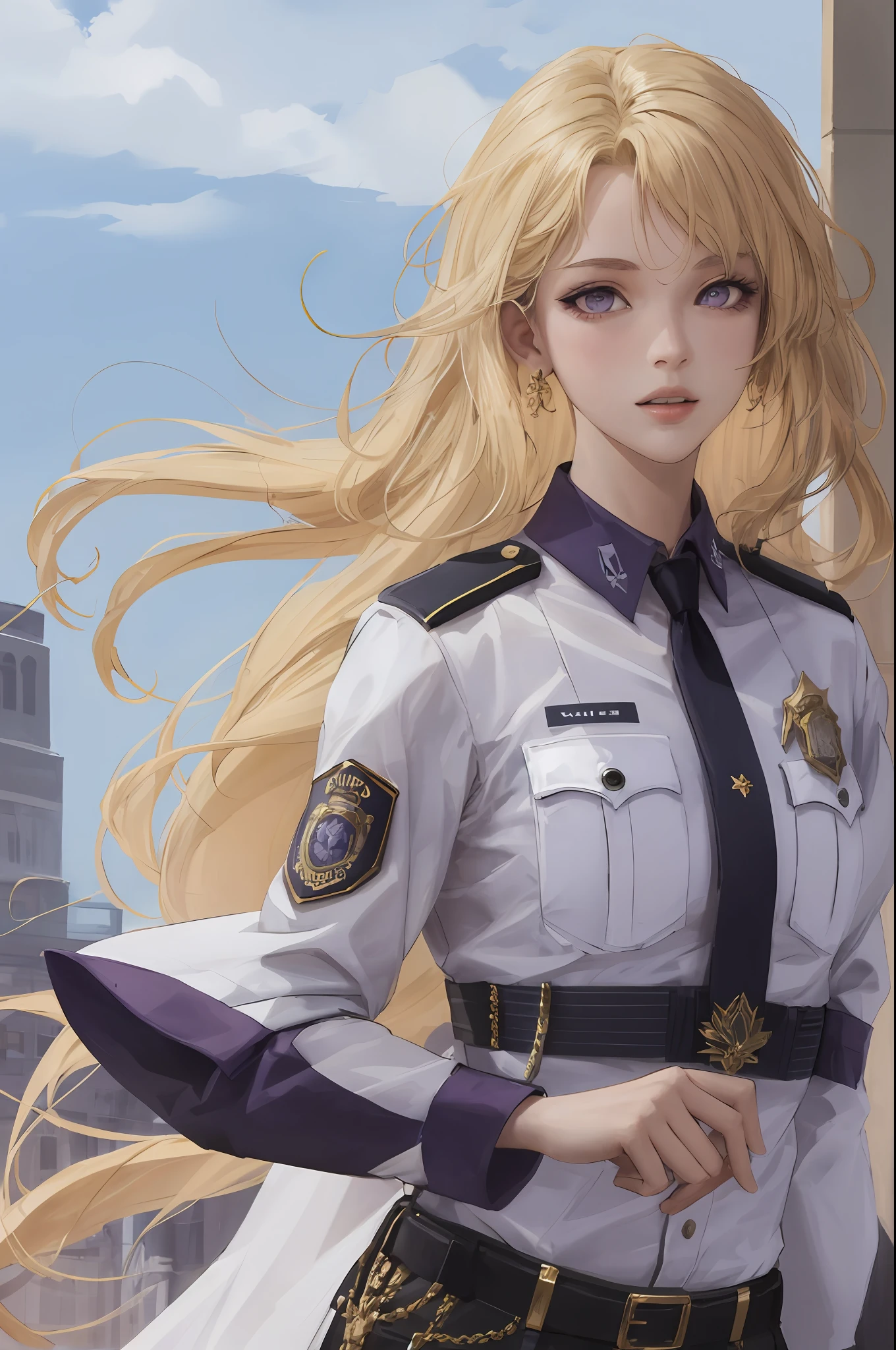 Height 2 meters,Delicate skin,blond hairbl,Purple eye,Police uniforms female
