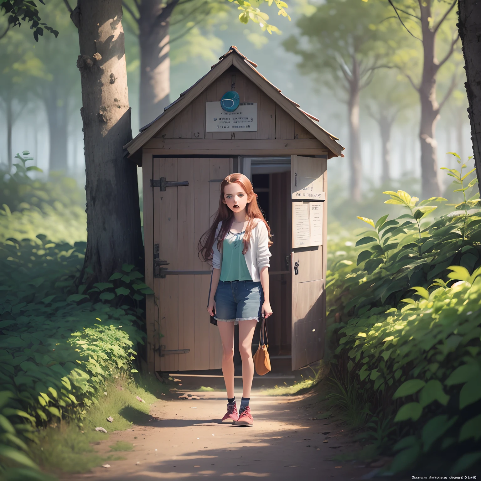 Quero uma imagem de uma menina ruiva, no seu quintal, encontrando um ovo. 6 anos. Cartoon. Imagem para capa de livro
