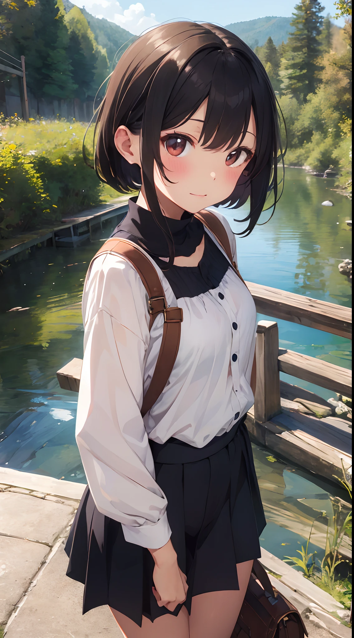 top-quality、masterpiece、Natural park、Plitvice Lakes National Park、Complex and detailed background with three-dimensionality and depth、girl with、独奏、bob cuts、Realistic eyes、Silky hair、Realistic skin feeling、Elegant design and design that further enhances girlish charm, Original girly fashion, One piece is so cute, Girlish design、With sleeves、Long length、Elegant gestures、Wooden bridge、On land