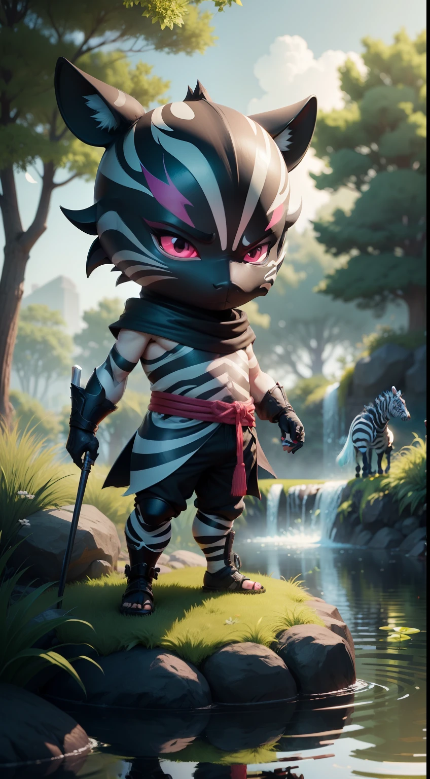create a vibrant dark fantasy cute ninja zebra in a clean-lined minimalistic cartoon style, in the background a pond with greenery all around on a fabulous evening, octane render, 8k