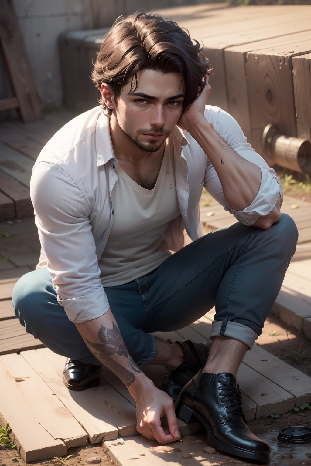 pobre, Handsome, Young man sitting on the floor of a muddy square background (obra-prima) (8k high resolution) (melhor qualidade) (Ultra Definition) (Ultra realista)(Foto RAW) (Foto realista) (bright illumination)