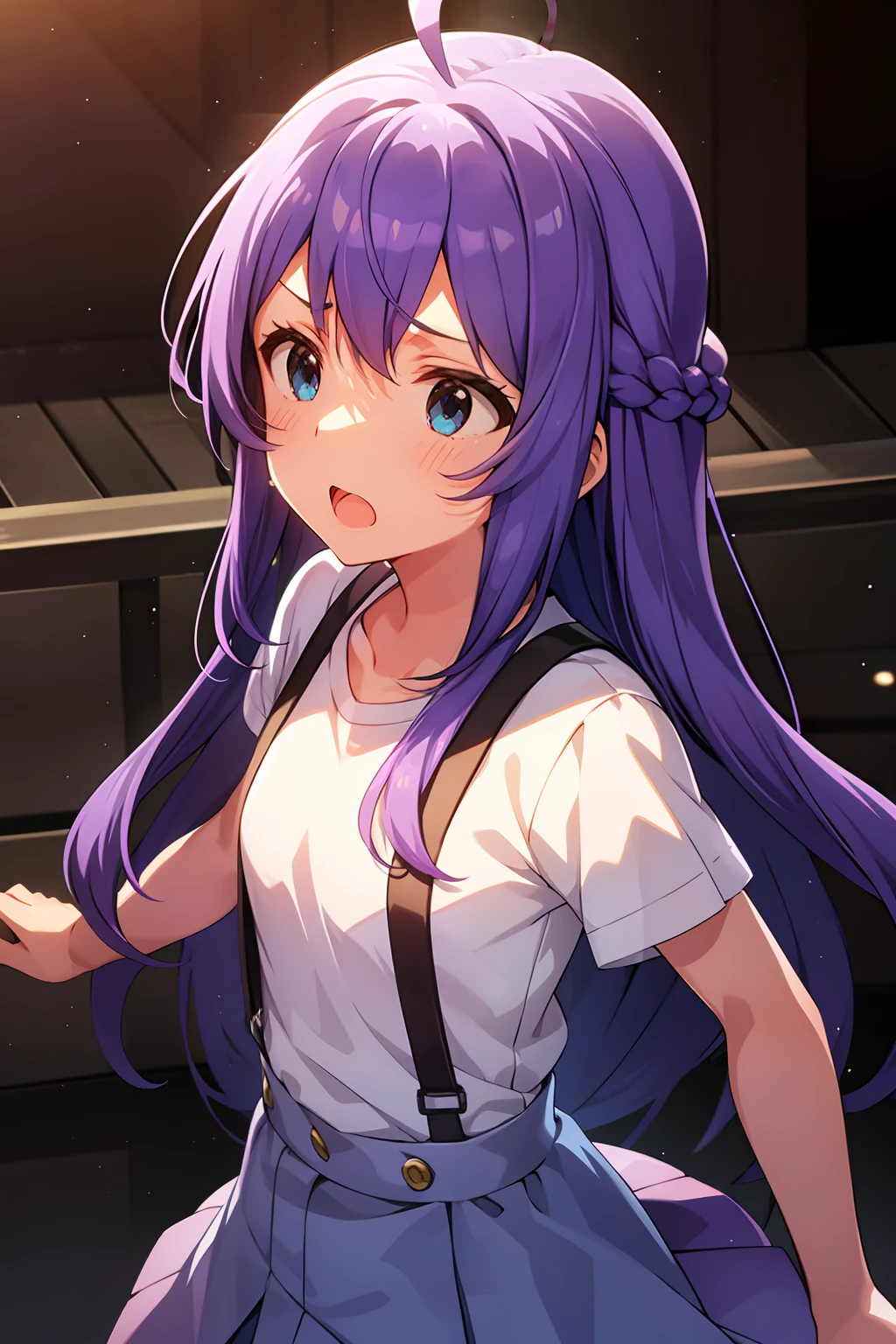 mochizuki anna,1girl in,Solo,Long hair,Purple hair,Medium chest.Ahoge,Blue eyes.Short stature.white t-shirts.suspenders.Skirt.Evening glow.the setting sun.Despair face.Sweat.Opening Mouth.up chest.Fighting stance.