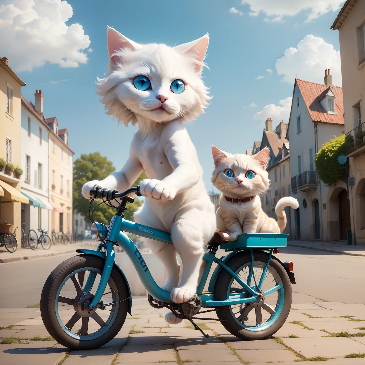 a cute nice, cute eyes fuzzy medium short haired white ragdoll cat riding a bicycle like a human, using the two peddles, two cat feet, with one small very white ragdoll kitten in the basket, photo realistic 24k resolution hyper detailed perfect anatomy, outside a French old city background on a sunny day.