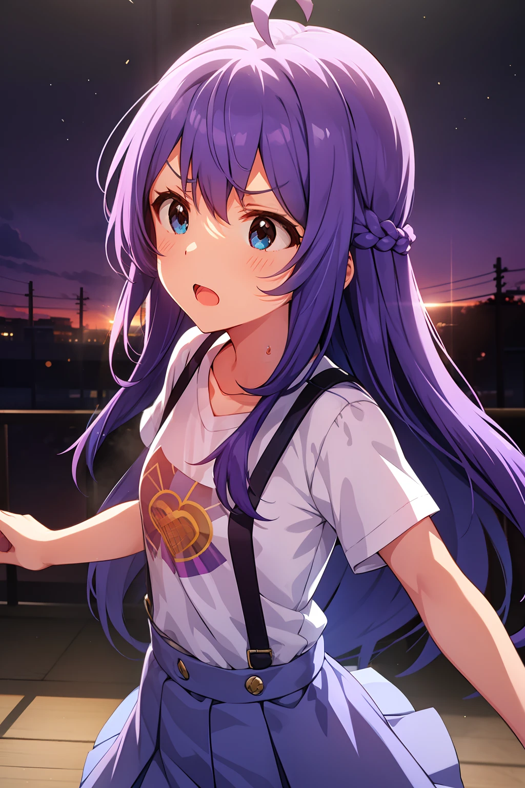 mochizuki anna,1girl in,Solo,Long hair,Purple hair,Medium chest.Ahoge,Blue eyes.Short stature.white t-shirts.suspenders.Skirt.Evening glow.the setting sun.Despair face.Sweat.Opening Mouth.up chest.Fighting stance.