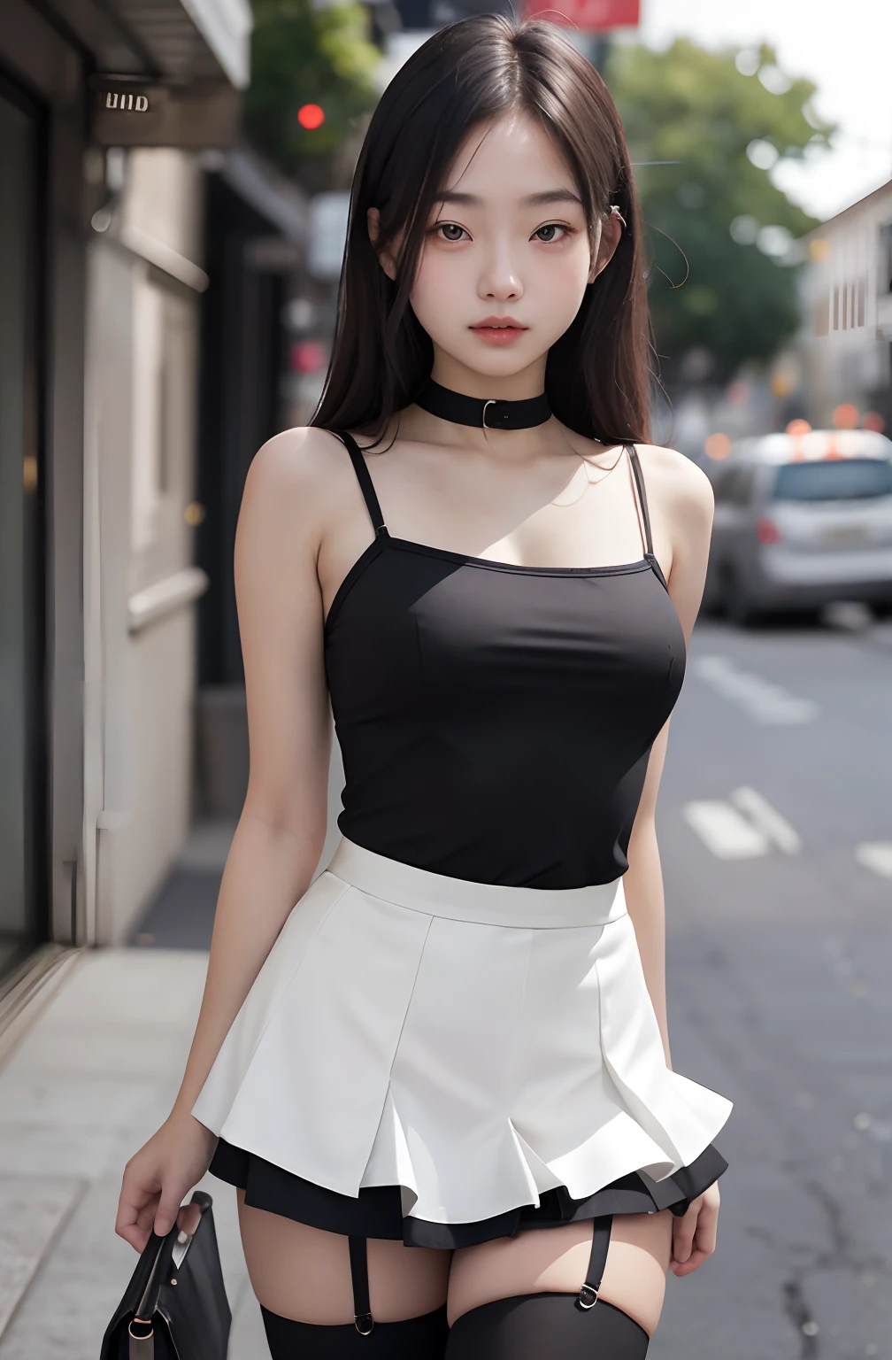 1girl, cute, , sexual expression, look at viewer, spaghetti strap top ,high waist short skirt bodycon, photo, realistic, best quality, hires, detailed face, detailed background, diffused lighting, depth of field, bokeh, thighhighs