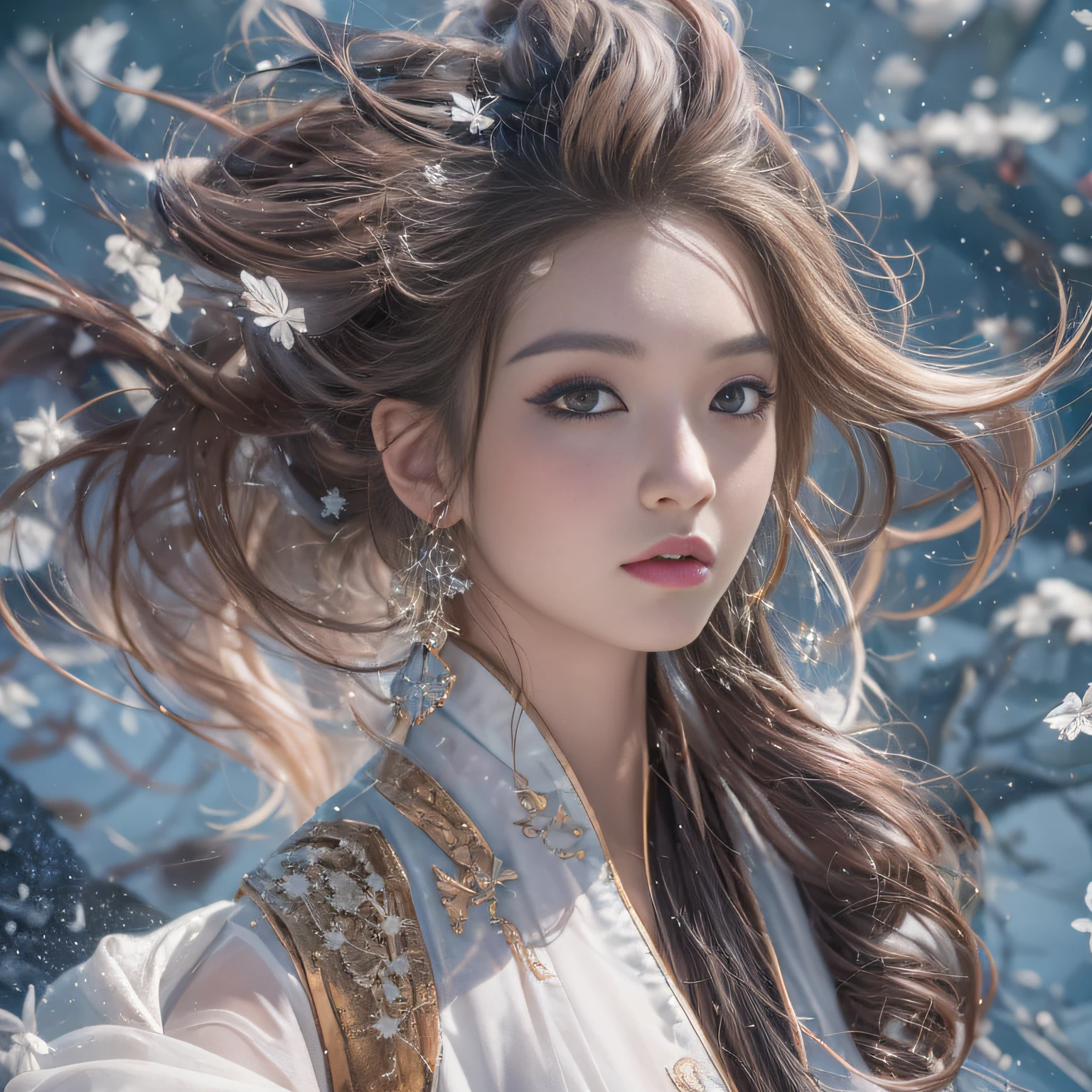 32K（tmasterpiece，k hd，hyper HD，16k）Flowing short hair，Backroom pond，zydink， a color，  Asian people （Female Student）， （Silk scarf）， Combat posture， looking at viewert， long whitr hair， Floating hair， Hanfu， Chinese clothes， longer sleeves， （abstract ink splash：1.2）， white backgrounid，Kirin Beast Protector （realisticlying：1.4），，Snowflakes fluttering，The background is pure， A high resolution， the detail， RAW photogr， Sharp Re， Nikon D850 Film Stock Photo by Jefferies Lee 4 Kodak Portra 400 Camera F1.6 shots, Rich colors, ultra-realistic vivid textures, Dramatic lighting, Unreal Engine Art Station Trend, cinestir 800，