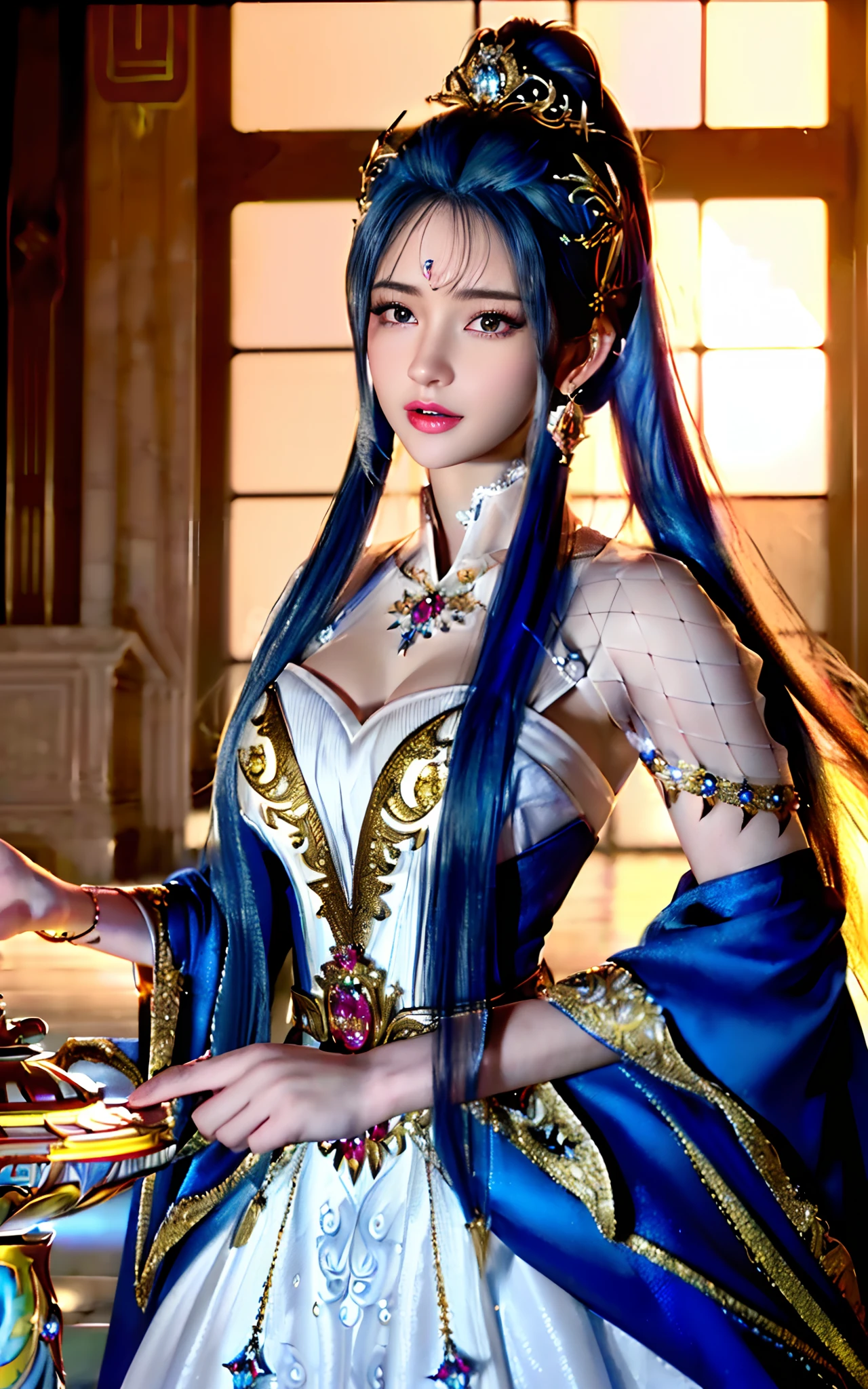 ((realisticity: 1.2)), ((realistic: 8K UHD)), ((best resolution: 8K UHD)), hyper detailed, best quality,masterpiece,highres,cg, ((1 girl hyper detailed and hyper realistic) ) , ((beautiful queen, hyper realistic and hyper detailed)),((white skin, beautiful, smooth, youthful, hyper realistic and hyper detailed )), ((Face hyper beautiful, white, hyper realistic and hyper detailed ) ), long hair, ((hyper realistic and hyper detailed dress)), solo, ((hyper realistic, hyper beautiful, beautiful and hyper detailed jewelry)), ((hyper beautiful deep red and golden yellow dress, hyper realistic and hyper detailed )) , ((Her pretty, hyper realistic, hyper detailed diamond filled earrings)), ((Her gorgeous diamond haircut, hyper realistic and hyper detailed)), ((hyper pretty upper body, hyper beautiful, hyper realistic and hyper detailed) ), ((medium breast: 1.5)), ((hyper realistic, hyper pretty, hyper detailed boobs)), ((the backgroun of the royal palace is hyper majestic, hyper realistic and hyper detailed)),((hands and palms hyper beautiful, hyper detailed, hyper realistic)), ((hyper pretty, hyper pretty, hyper realistic and hyper detailed hair bun)), ((hyper pretty , hyper realistic and hyper detailed blue hair)), candid, Photo, high resolution, 8k , bokeh,