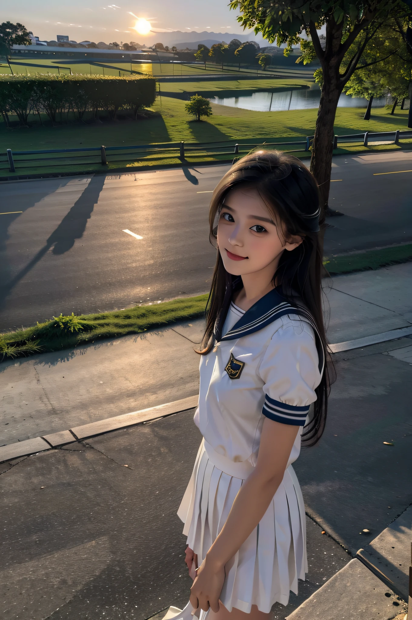 (8K,best qualtiy,tmasterpiece:1.2),(realisticlying,realisticlying,photo-realistic:1.37),Hyper-detailing,Beautiful detail eyes,Beautiful detail nose,(((White sailor suit short sleeves))),Short pleated skirt,Smoggy weather,Gray,ssmile,the setting sun,evening light,Golden clouds,school ground,School,daily,Skysky,Perspective from above,setting sun,evening breeze,visitor