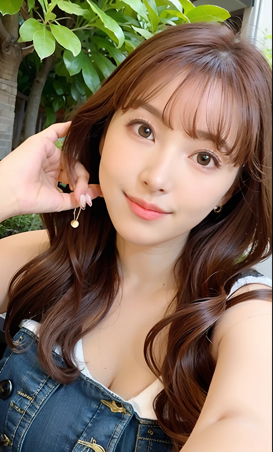 Best quality, long hair bangs curly two side braids loose towards the front, (Brown hair color), 超高分辨率, (Photorealistic:1.4), 1lovelygirl, bit girl, (Young), pink puffy , NSFW, ,(Kpop idol), (aegyo sal:1),  Smiling, Cute, full bodyesbian, hands together in front, Background street, Nature, peaceful neighborhood, Sunlight,****ta prostitute