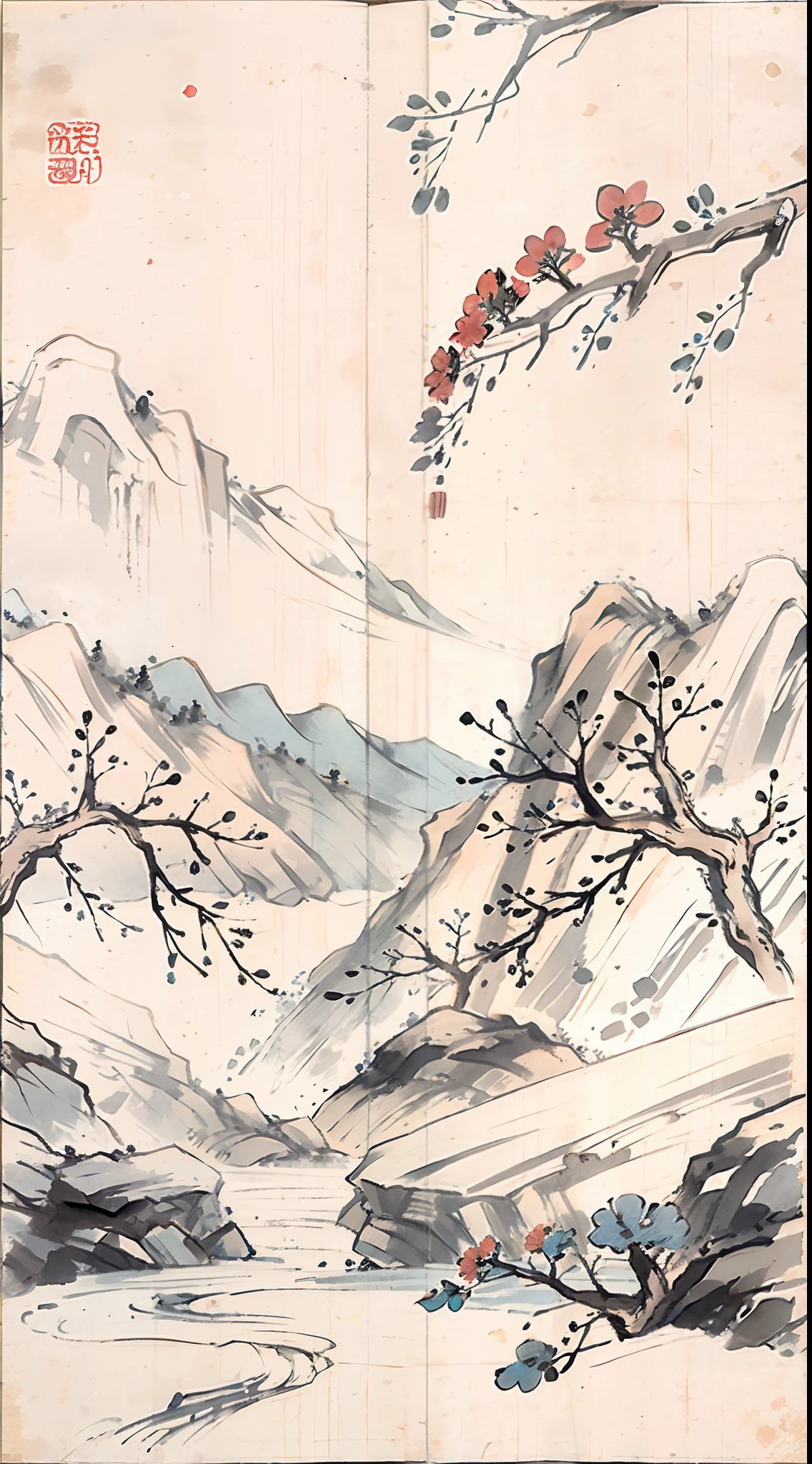 (Masterpiece, best quality: 1.2), (No_Humans), mountains in the distance, traditional Chinese ink painting, houses, tombstones, meadows