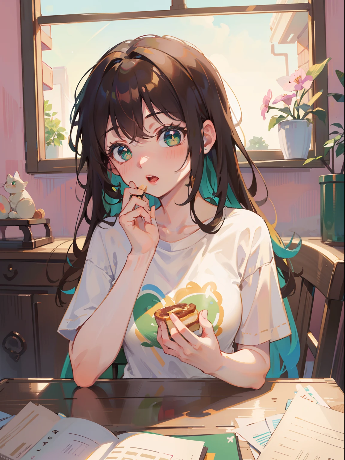 masterpiece), best quality, beautiful detailed hair detailed face, ultra high res, sharp focus, ((1 woman, solo)), perfect feminine face, upper body, medium close up, (warm pastel tone color), (at the morning time:1.5), in the dining room, sitting on the chair, eating toast, chesnut brown hair, ((beautiful shape eyes, green eyes)), open mouth, open lips, long hair, (colorful t-shirt:1.2), model pose