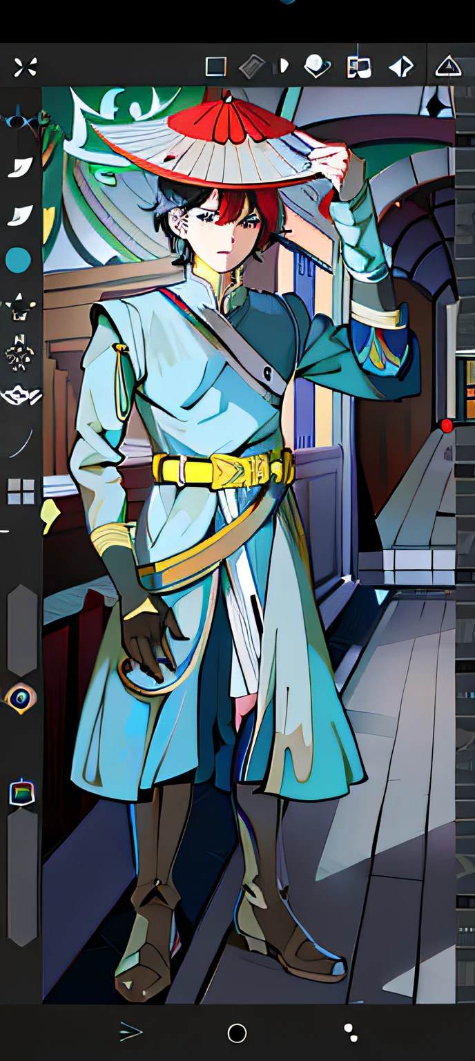 Anime characters wearing blue coats and red capes, clean lineart and color, cel - shaded art style, clean cel shaded, drawn in anime painter studio, full body detailing, digitally colored, cel shading, colored accurately, clean lineart and flat color, line art in colour, !!Full body portrait!!, flat cel shading mucha, highly detailed exquisite fanart