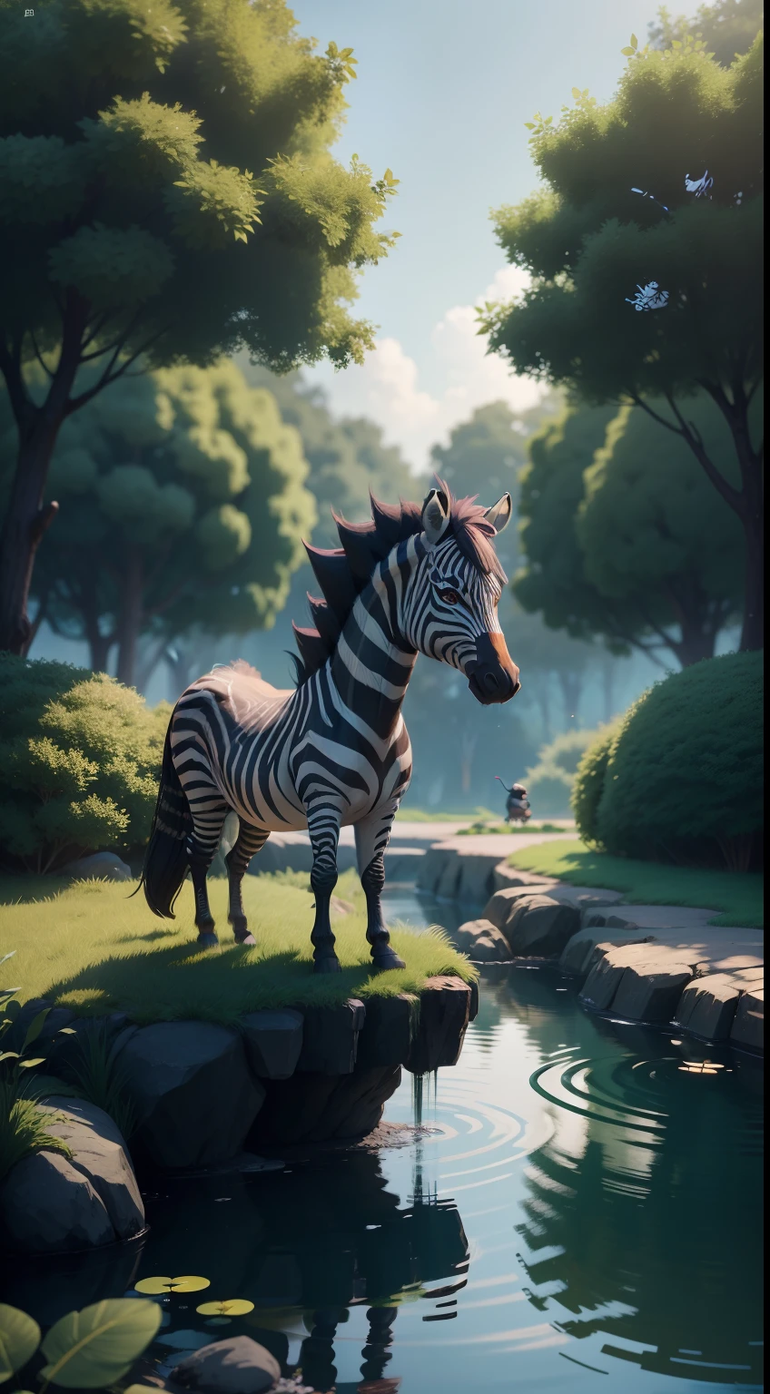 create a vibrant dark fantasy cute ninja zebra in a clean-lined minimalistic cartoon style, in the background a pond with greenery all around on a fabulous evening, octane render, 8k