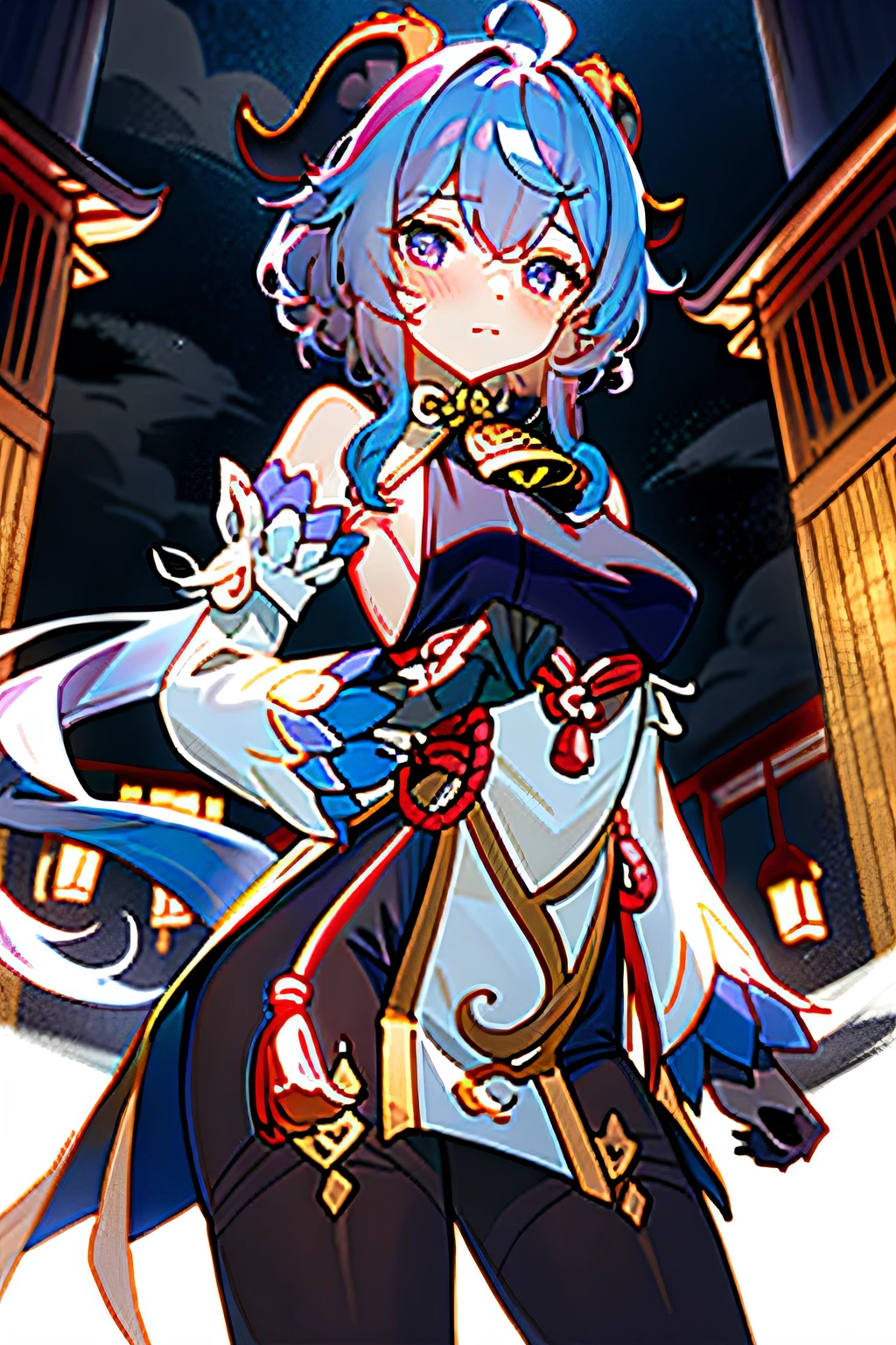 Dry clouds（the original god），1个Giant Breast Girl，Small curls，buliding，By bangs，cropped shoulders，Bell，Black gloves，Black tights，blue hairs，Blushlush，boobgasm，Chinese knot，the sleeve，east asian architecture，flower knot，mitts，cow horn，long whitr hair，Look at the audience，medium chest circumference，Neckbells，the night，exteriors，lacepantyhose，Purple eye，temple，solo person，nipple tassels，White sleeves，tmasterpiece。
