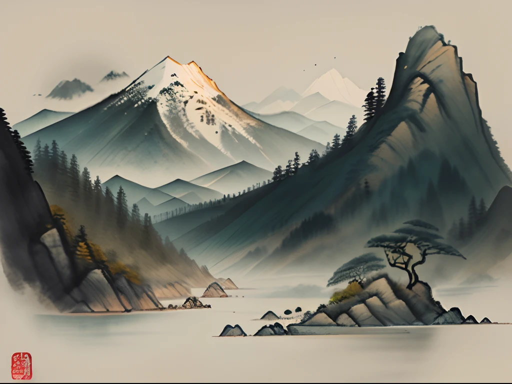 Artistic landscape，Landscape painting，Works of masters，There are mountains, water, Green trees，（ink and watercolor painting，Traditional Chinese painting）